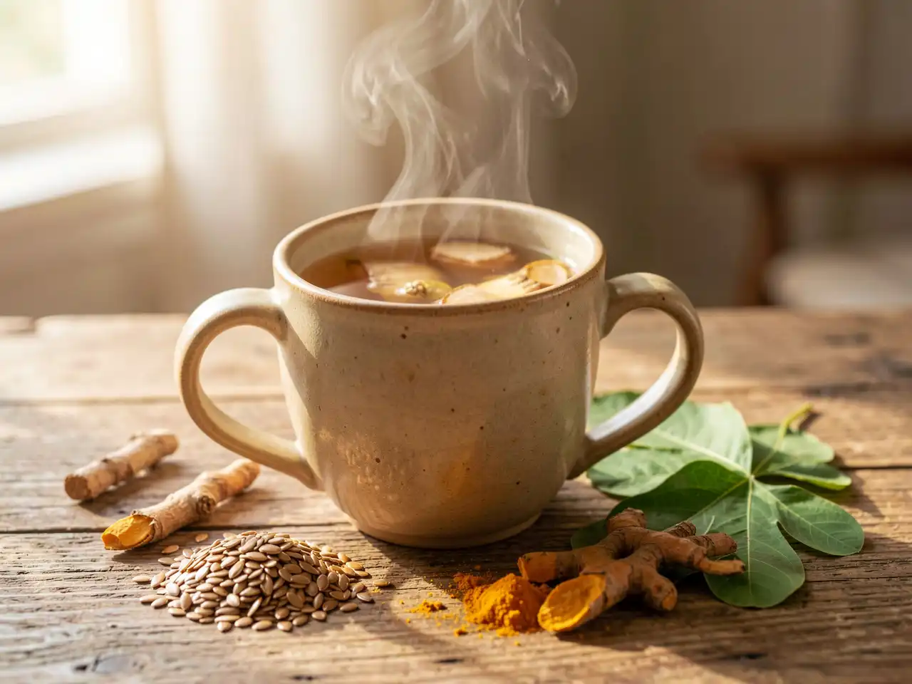 A warm mug of ginger tea on a wooden table, surrounded by scattered ground flaxseeds, dried turmeric roots, and fresh malunggay leaves