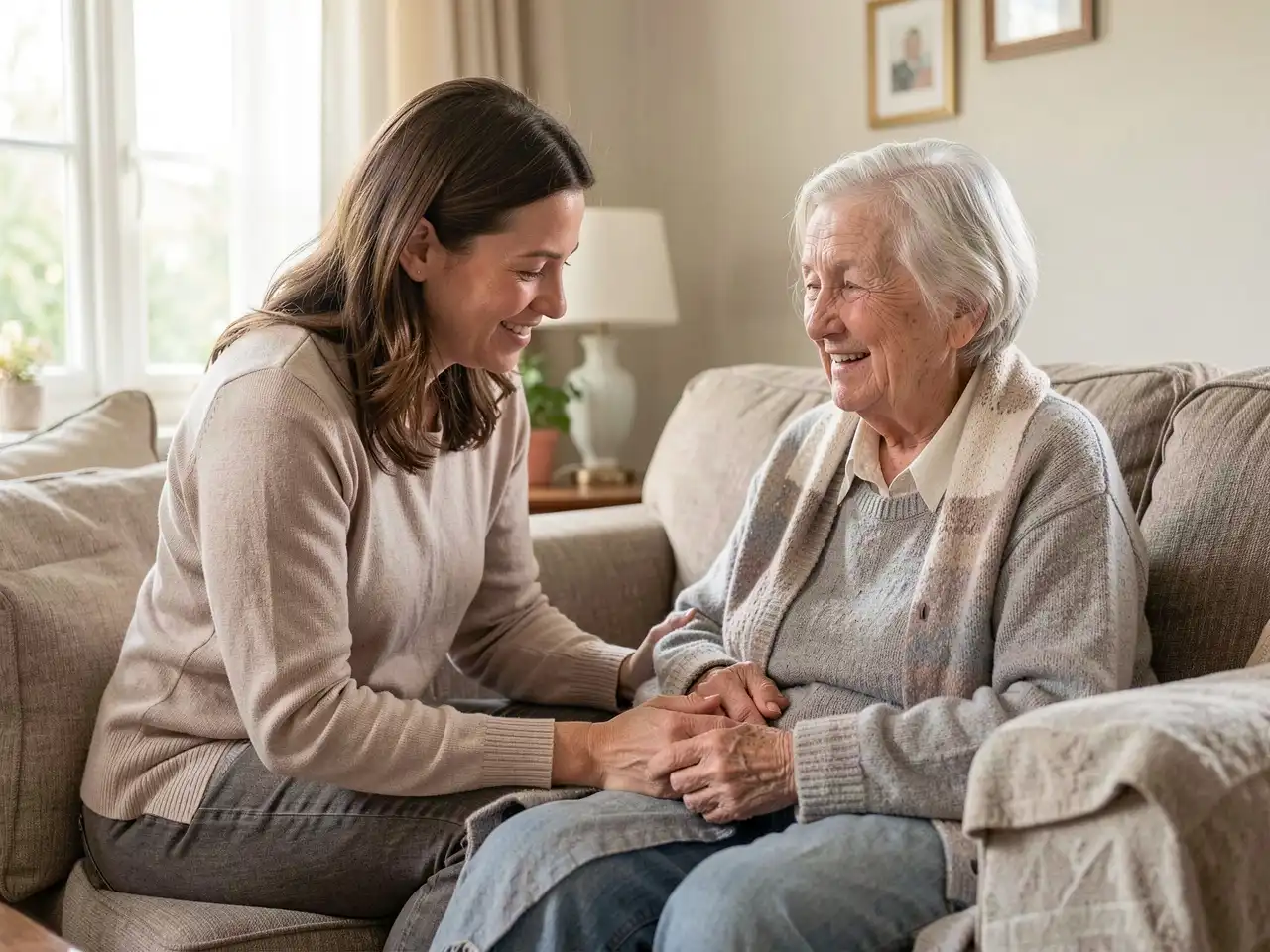 Adult daughter caring for her elderly mother at home representing unpaid caregiving and retirement security challenges