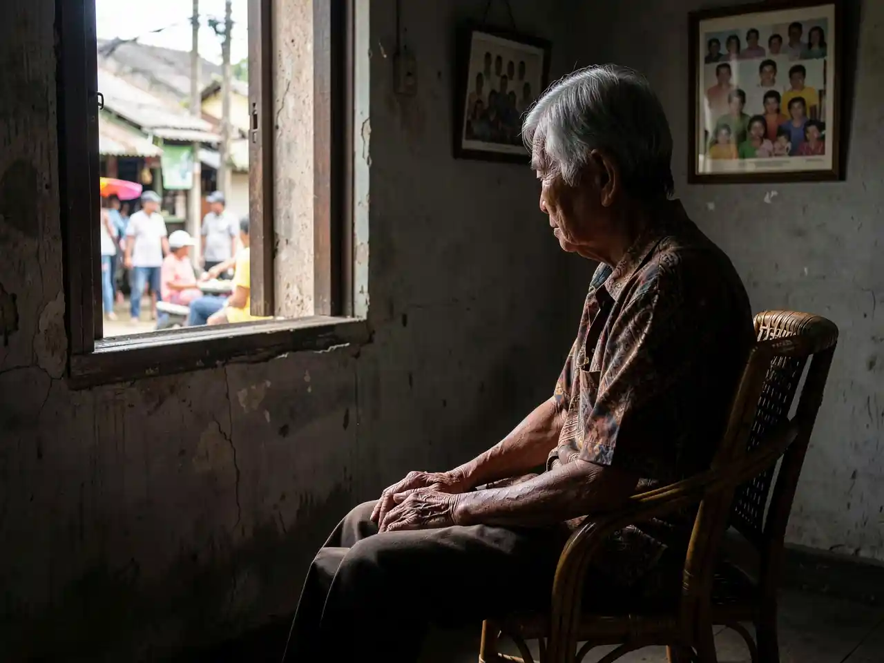 An elderly Filipino sitting alone in a dim, modest home, weathered hands in lap, with a faded family photo in the background, symbolizing the crisis of poverty and isolation facing aging parents