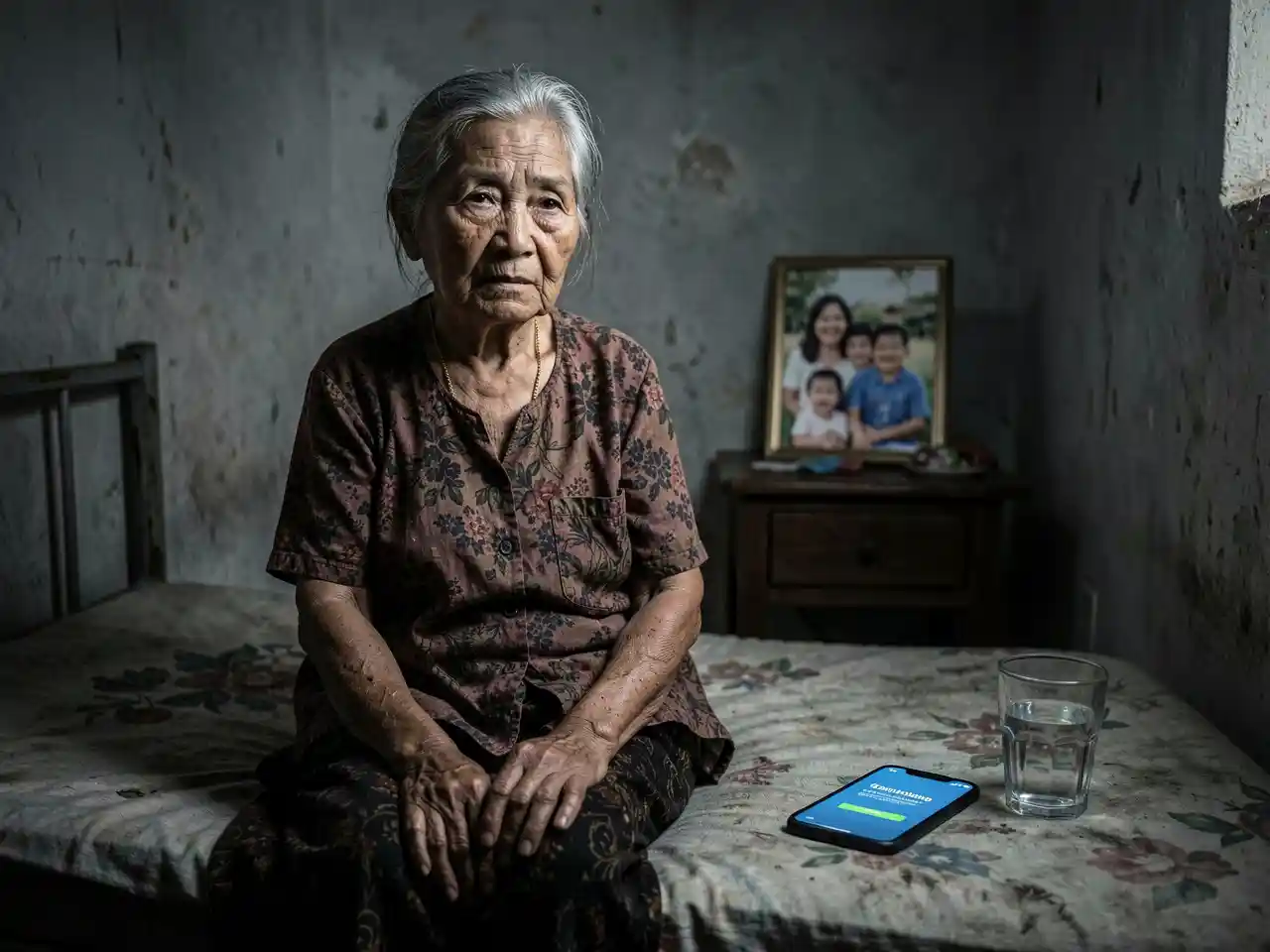 An elderly Filipino woman sitting alone on a worn bed in a dim room, with a distant gaze, a framed family photo and a glowing remittance confirmation beside her, symbolizing the caregiver exodus and the hidden crisis of elder neglect behind overseas work