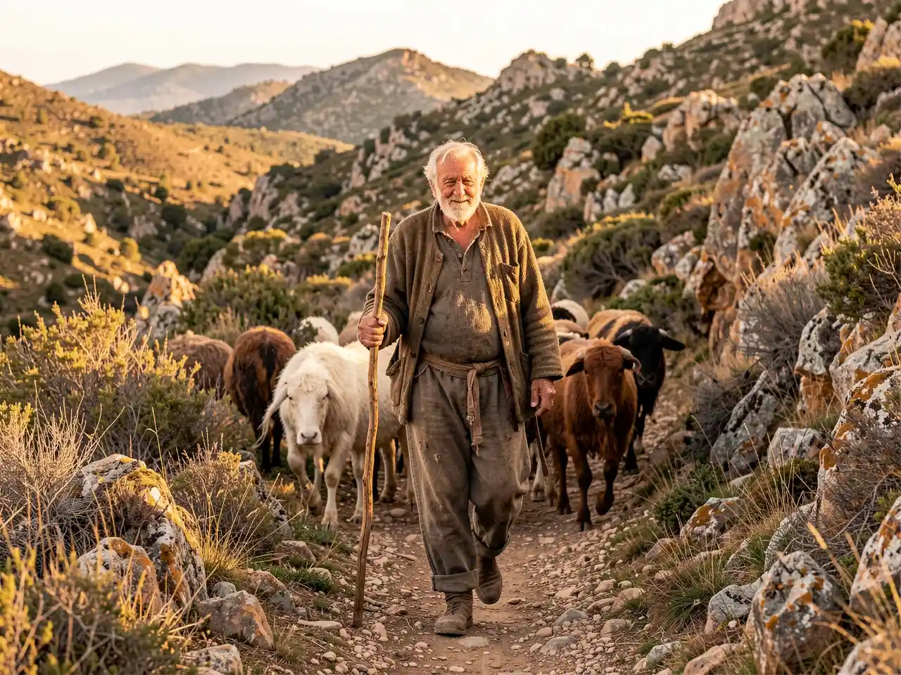 An elderly Sardinian shepherd walking with his flock in the mountains, embodying the natural movement and purpose of a long, healthy life.