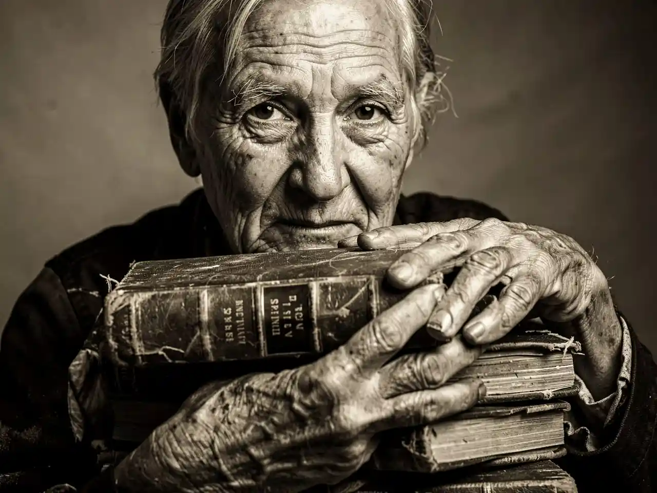 An elderly person's hands resting on old books, symbolizing the irreplaceable tacit knowledge and wisdom of aging generations.