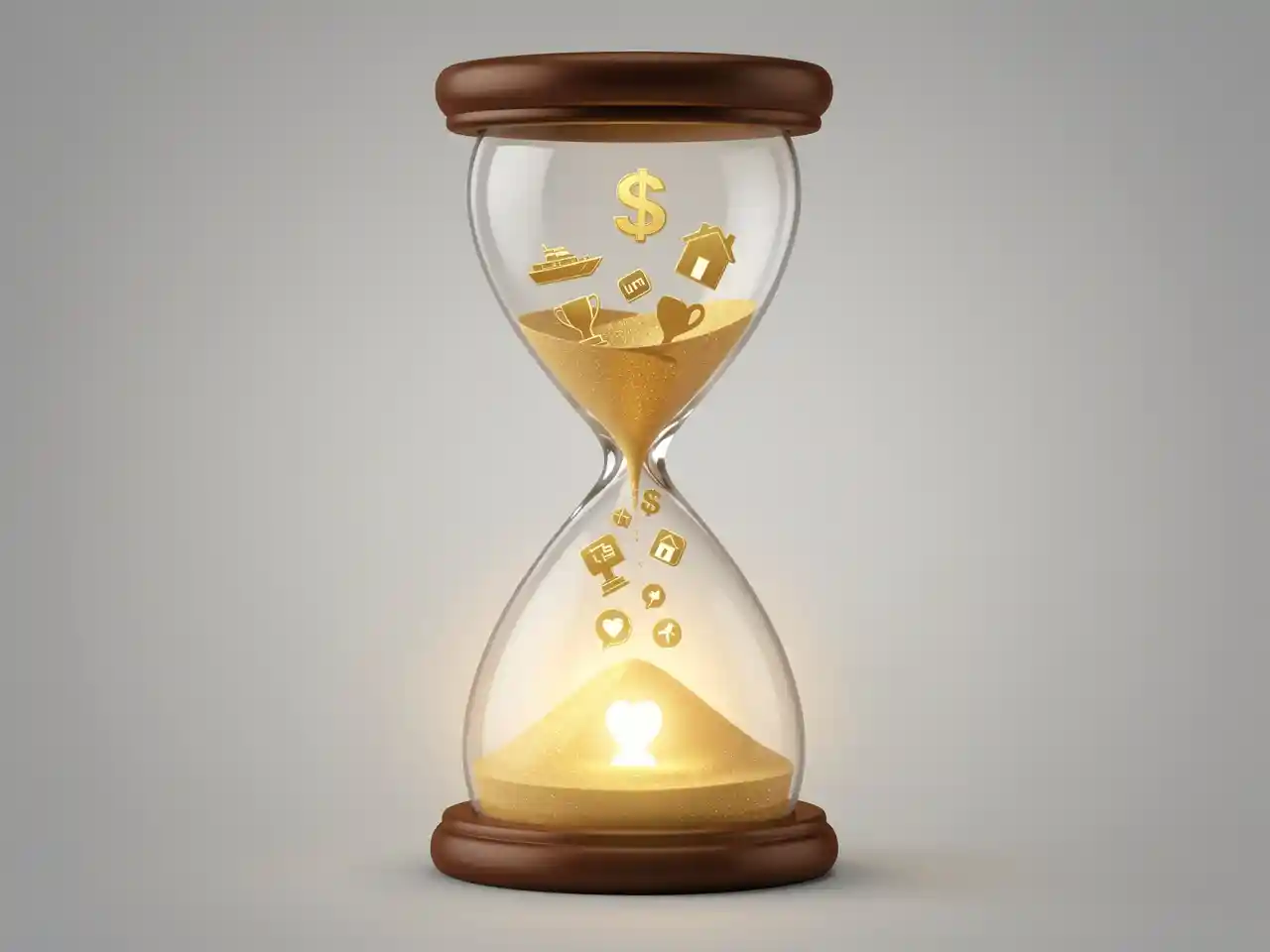 An hourglass with golden icons of wealth, status, and possessions in the top, dissolving into a single glowing heart at the bottom, symbolizing the eternal chase for happiness and the deeper fulfillment found in connection and presence