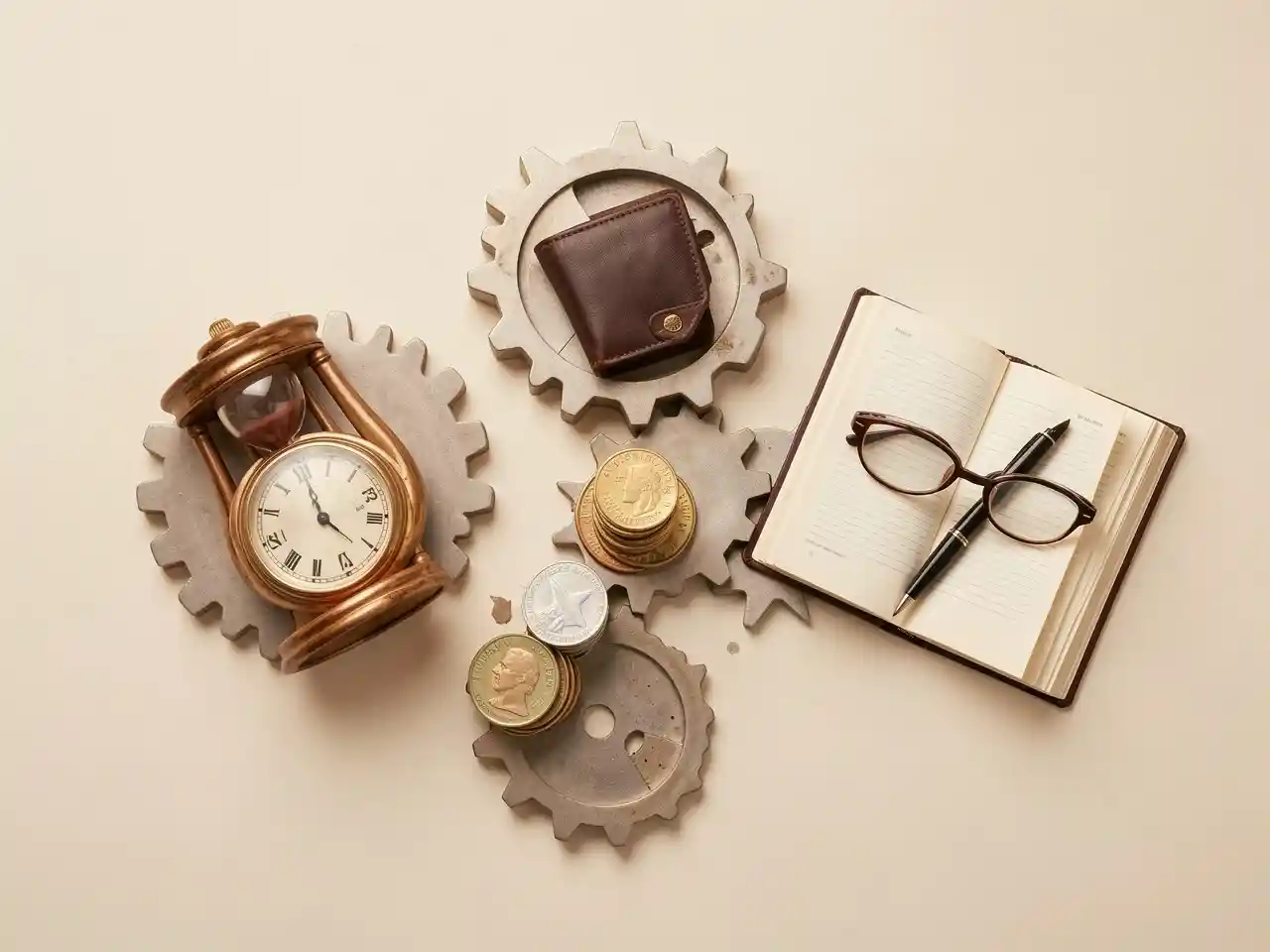 An hourglass, coins, and an open book arranged together, symbolizing the three life currencies of time, money, and knowledge.