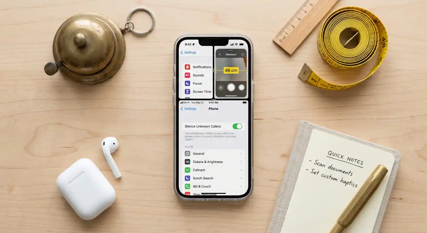 An iPhone surrounded by a notepad, measuring tape, and bell, symbolizing the hidden, practical features that improve daily life.