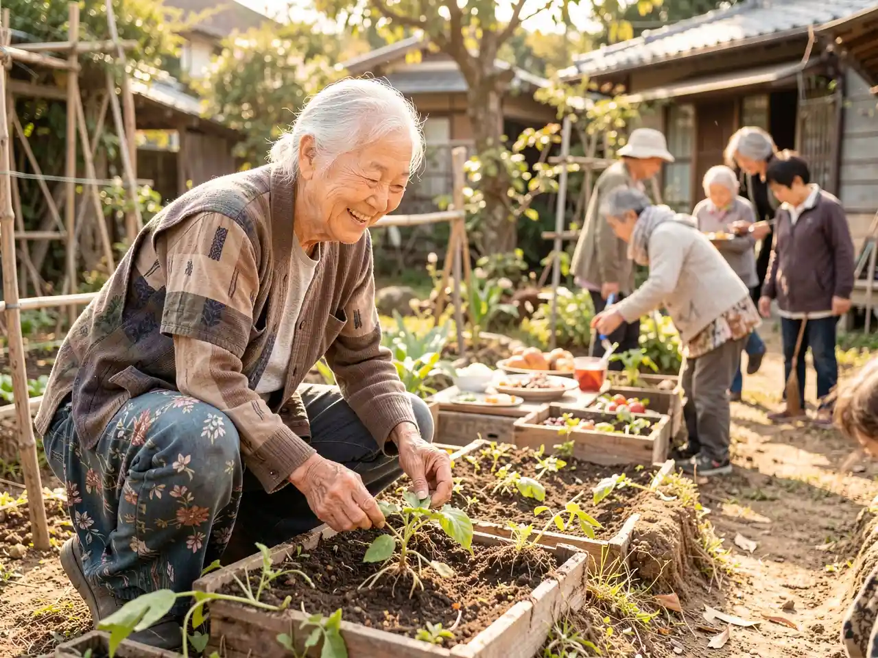 An older adult from a Blue Zone region engaged in purposeful daily activity, embodying longevity and vitality.