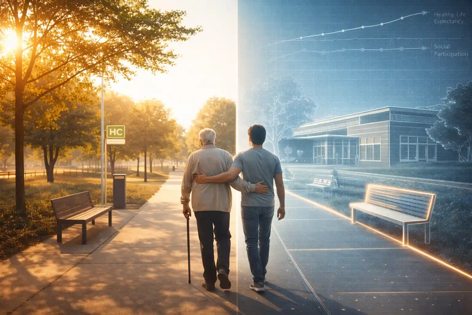 An older and younger person walking in an accessible park, overlaid with a blueprint highlighting age-friendly design, symbolizing a society redesigned for longer lives.