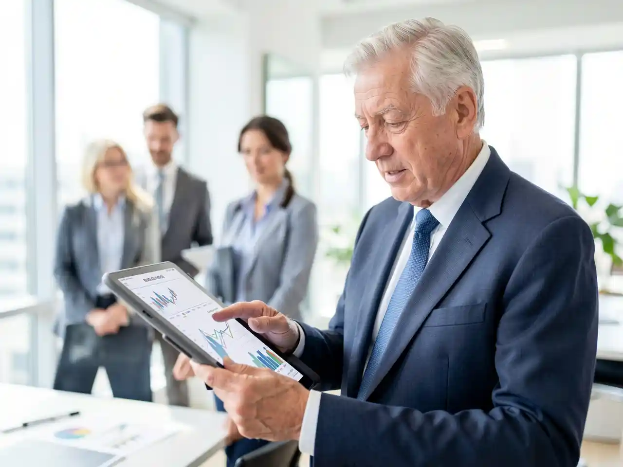 An older professional reviewing financial data in a modern office, symbolizing the experience and economic contribution of the aging workforce.
