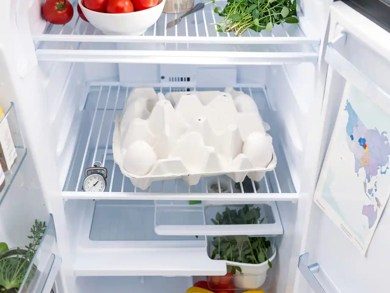 An open refrigerator with a white egg carton prominently on the shelf, symbolizing the American practice of refrigerating eggs for food safety.