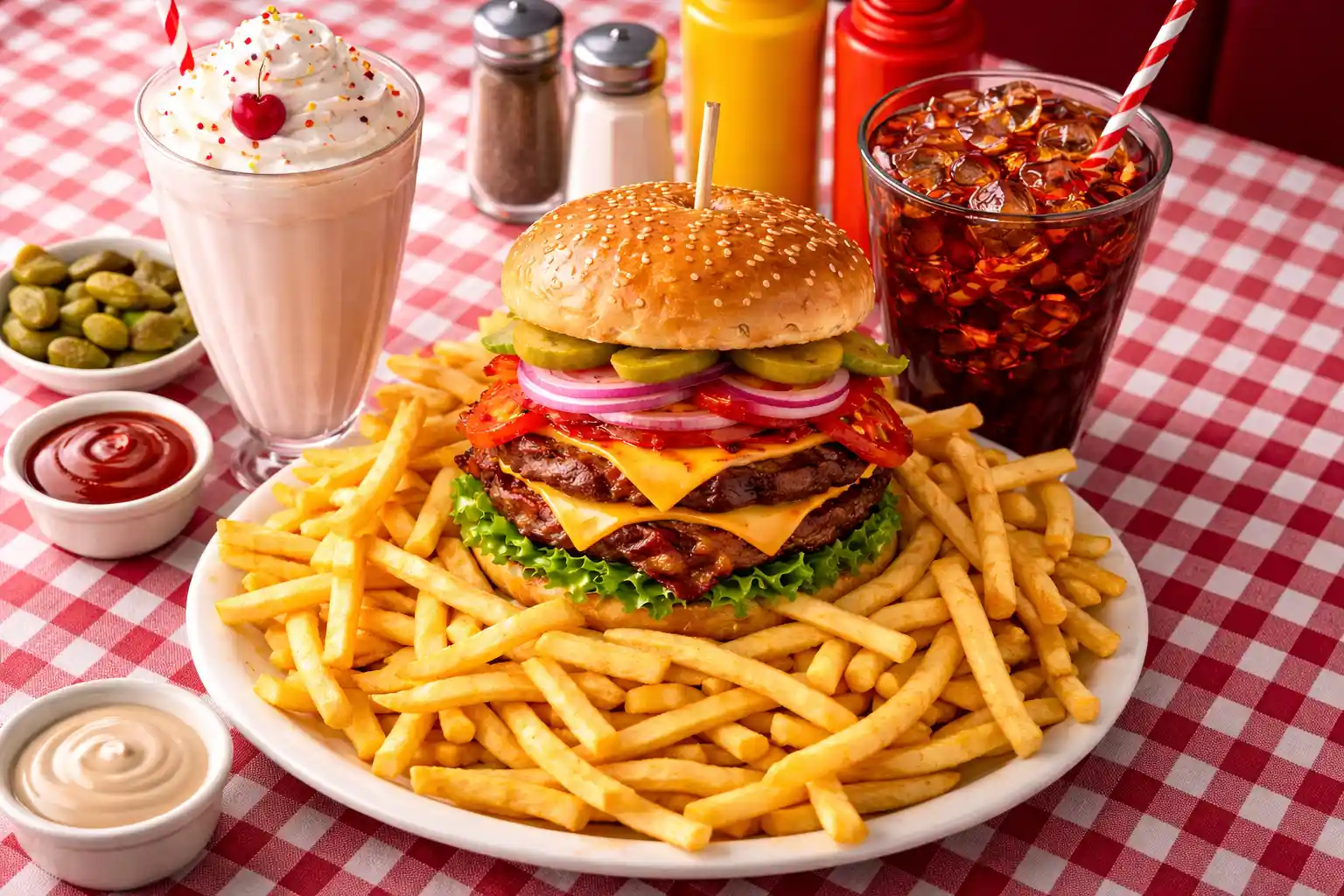An oversized American diner meal with a large burger, heaping fries, and a giant milkshake, symbolizing the culture of abundant portion sizes.