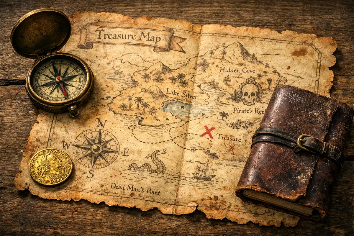 Antique treasure map and exploration tools for legendary lost fortunes