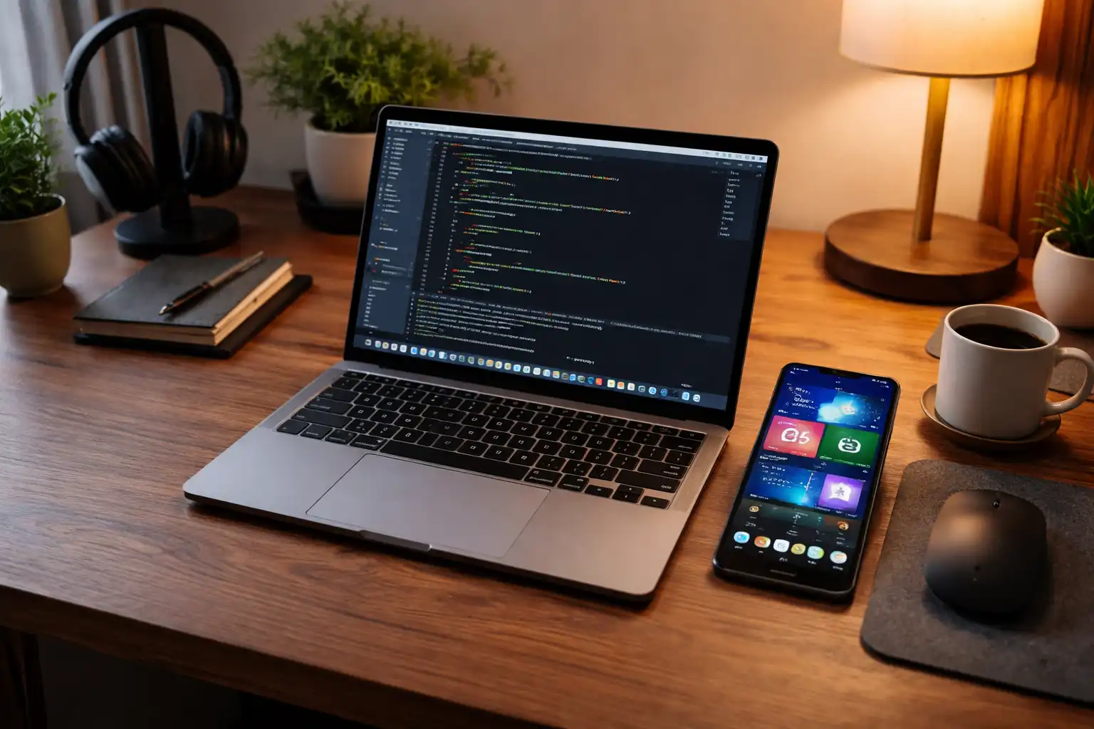 Apple laptop and Android smartphone side by side on a modern developer workspace