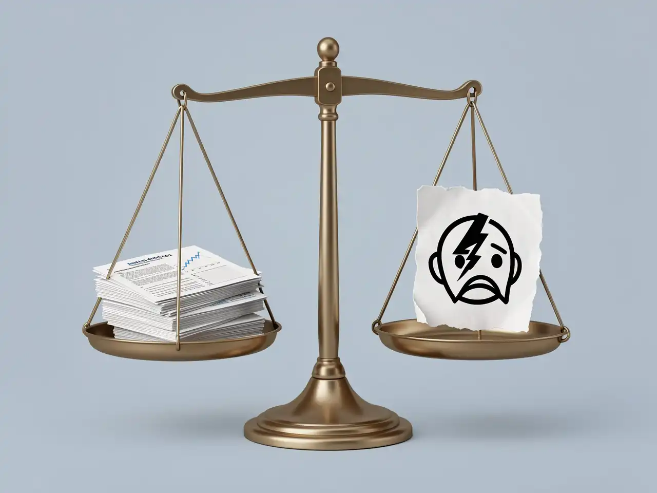 Balance scale weighing medical research papers against a torn myth symbol, representing evidence-based clarity on menopause hormone therapy