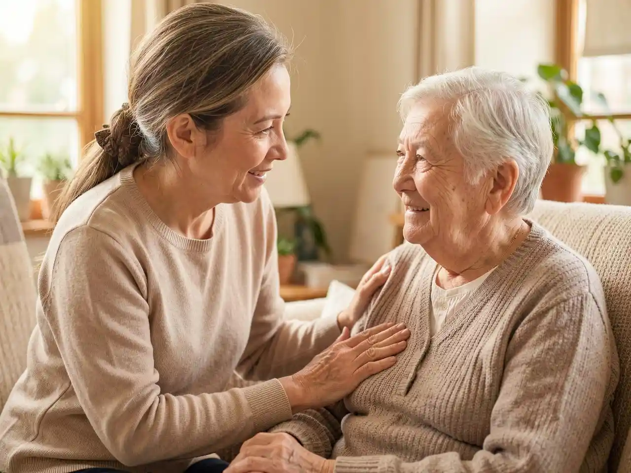 Caregiver gently assisting older person at home, focusing on their warm connection