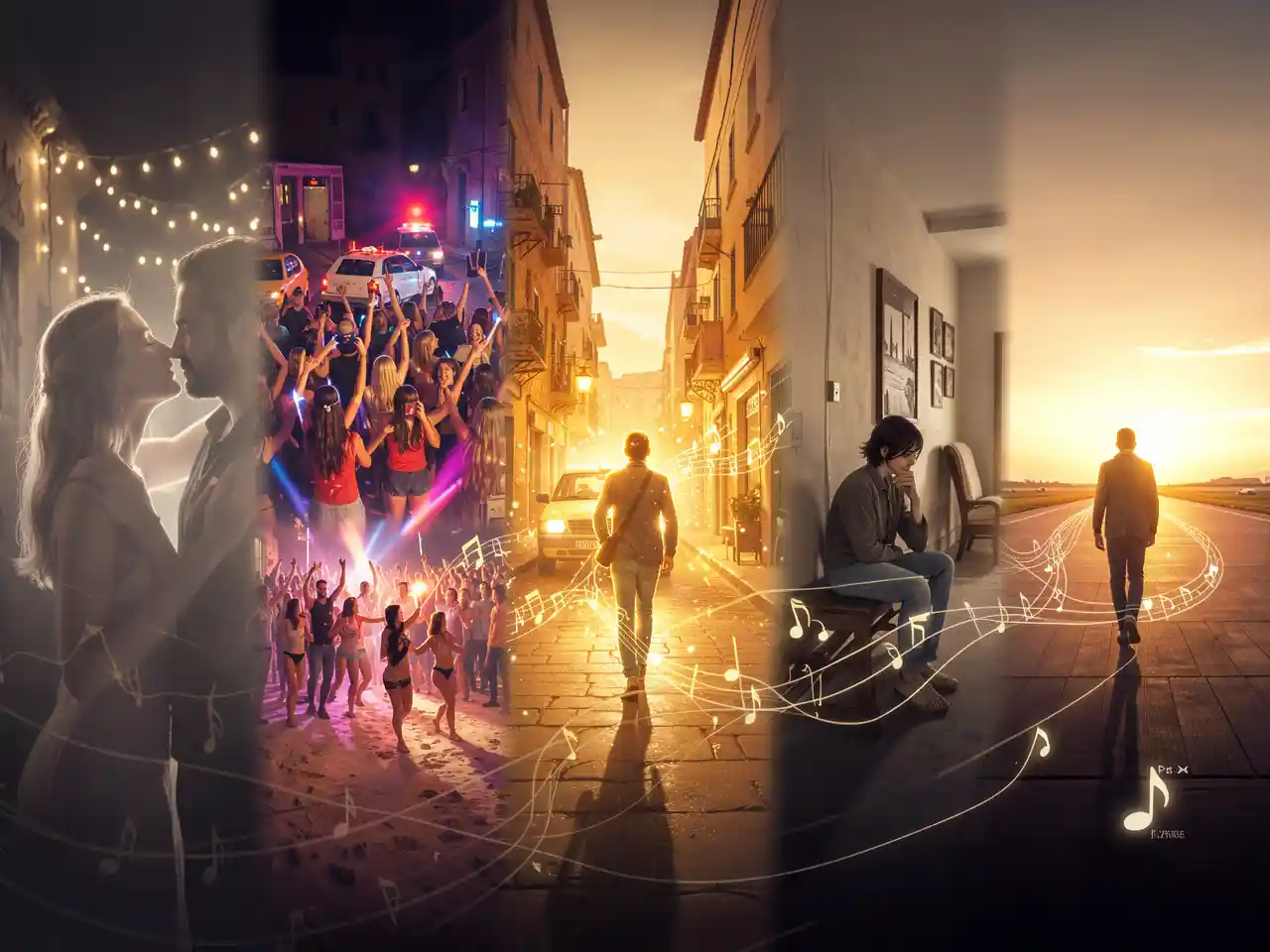 Cinematic collage of a traveler's life episodes: a hostel kiss, a beach rave, a taxi chase in Marrakech, a solo figure in Reykjavik, all connected by flowing musical notes and a setting sun, symbolizing the final soundtrack of a life's telenovela