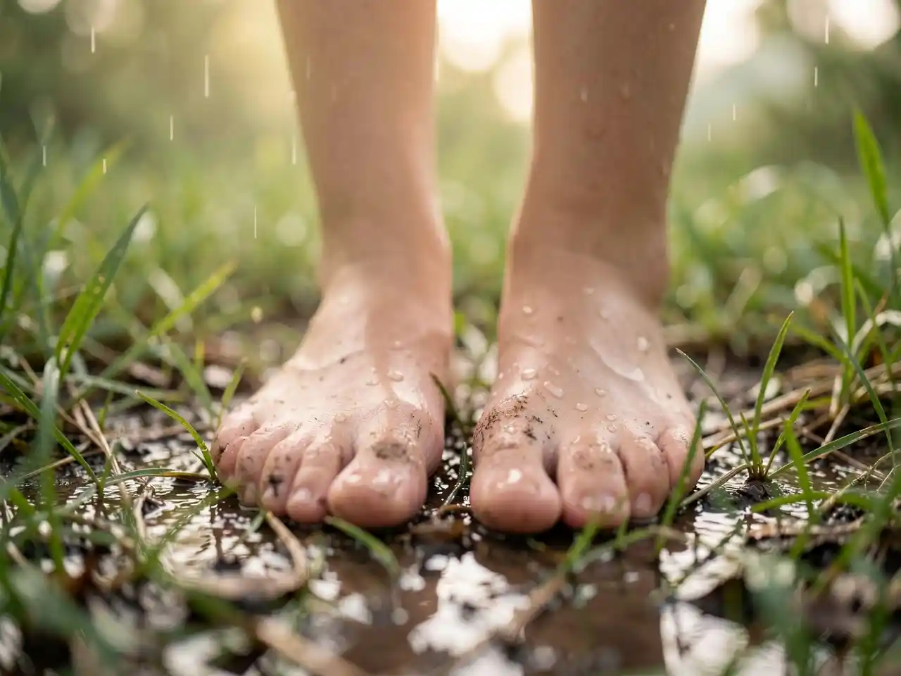 Close-up of bare feet standing on rain-dampened earth with soft, blurred greenery in the background, symbolizing the quiet joy and presence found in tiny, sacred escapes