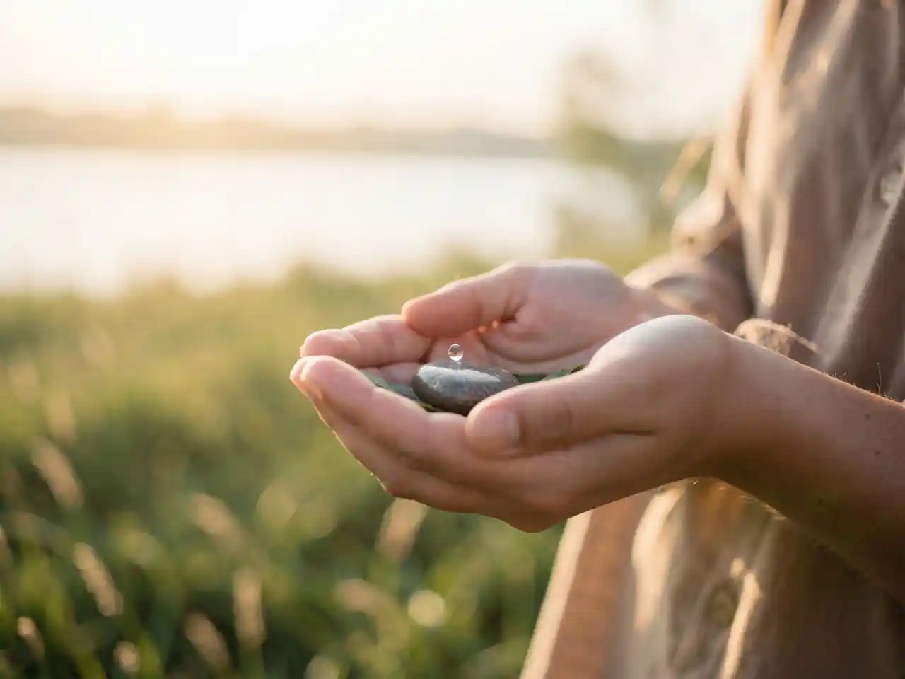 Close-up of cupped hands gently holding a single wildflower in soft, golden light, with a peaceful, blurred natural background, symbolizing the sacred gift of awareness and finding the divine in ordinary moments