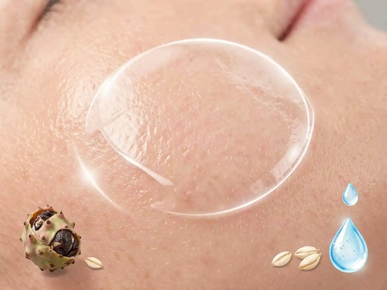 Close-up of healthy, glowing skin with a translucent, luminous shield overlay and symbolic icons of prickly pear, oat, and a droplet, representing acid mantle repair for plumper, wrinkle-resistant skin