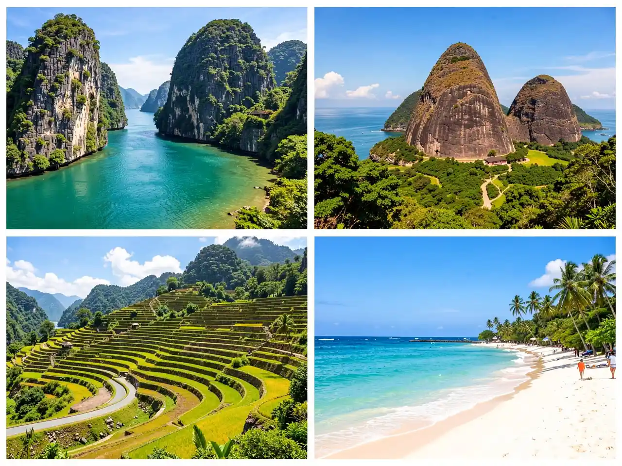 Collage of iconic Philippine destinations including Palawan cliffs, Chocolate Hills, Banaue Rice Terraces, and a white sand beach