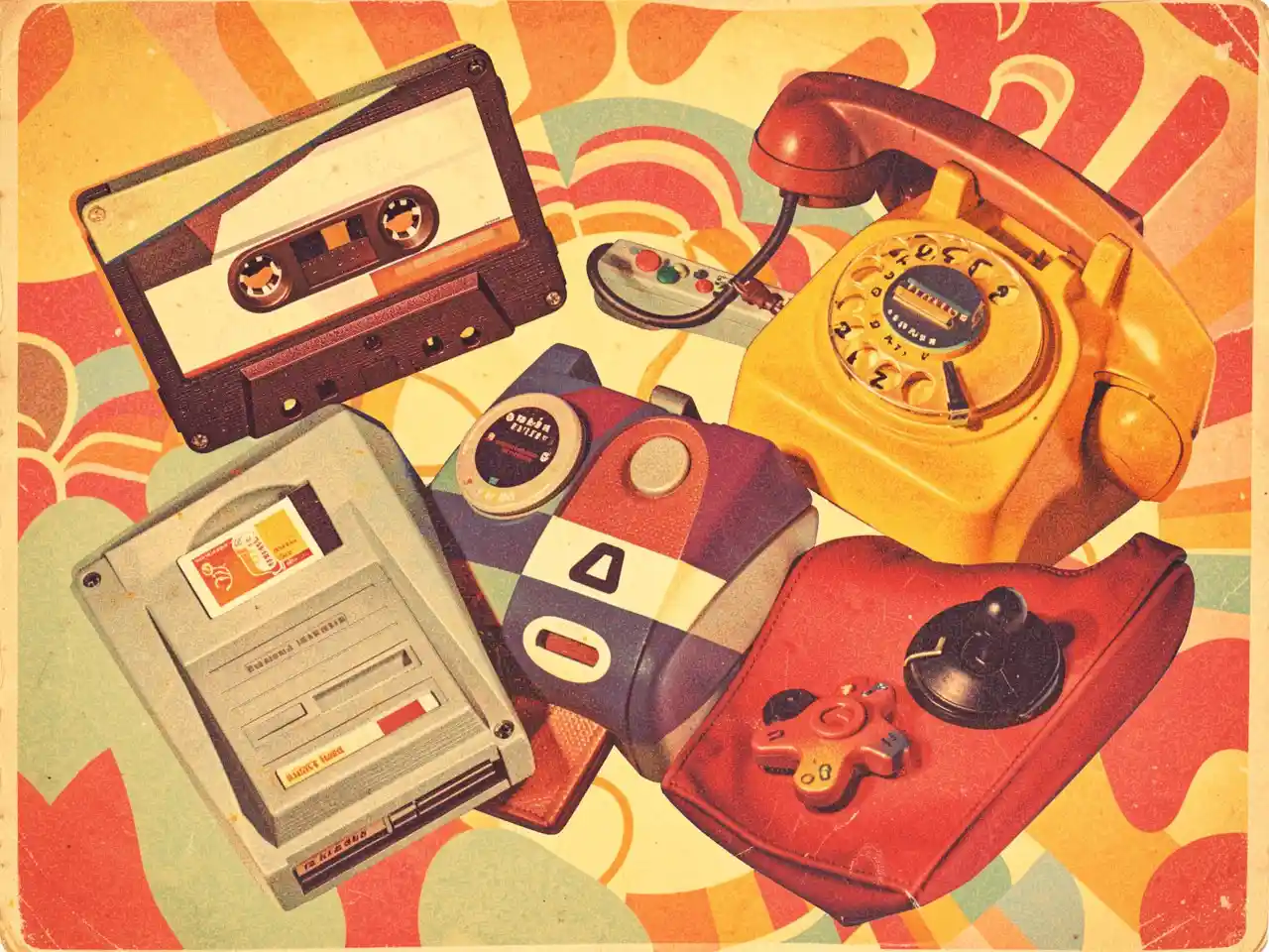 Colorful collage of retro 1980s objects including cassette tape, floppy disk, and rotary phone