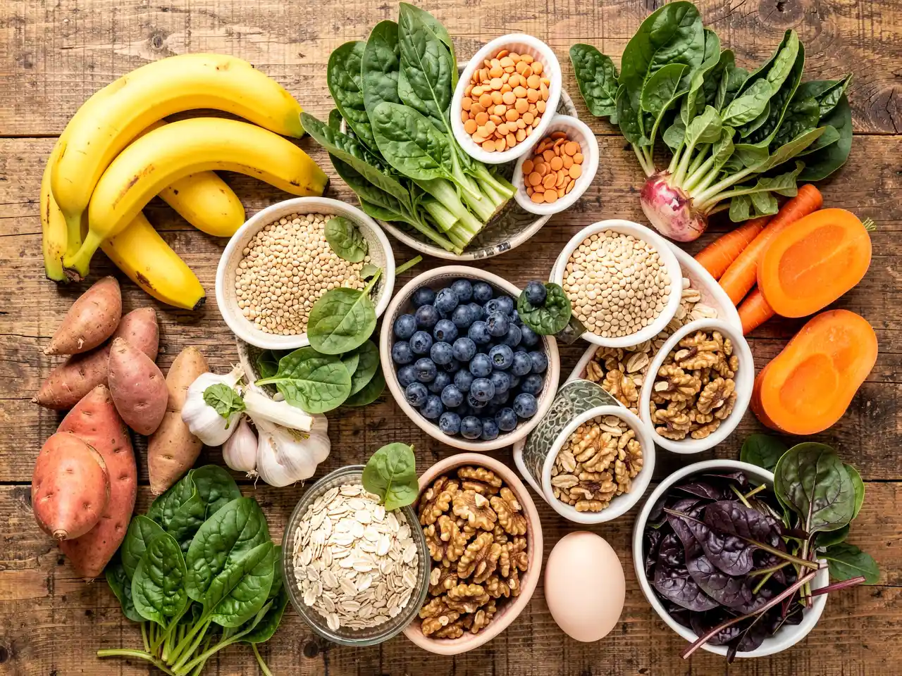 Colorful flatlay of forgotten superfoods including bananas, spinach, lentils, blueberries, and eggs on a rustic table