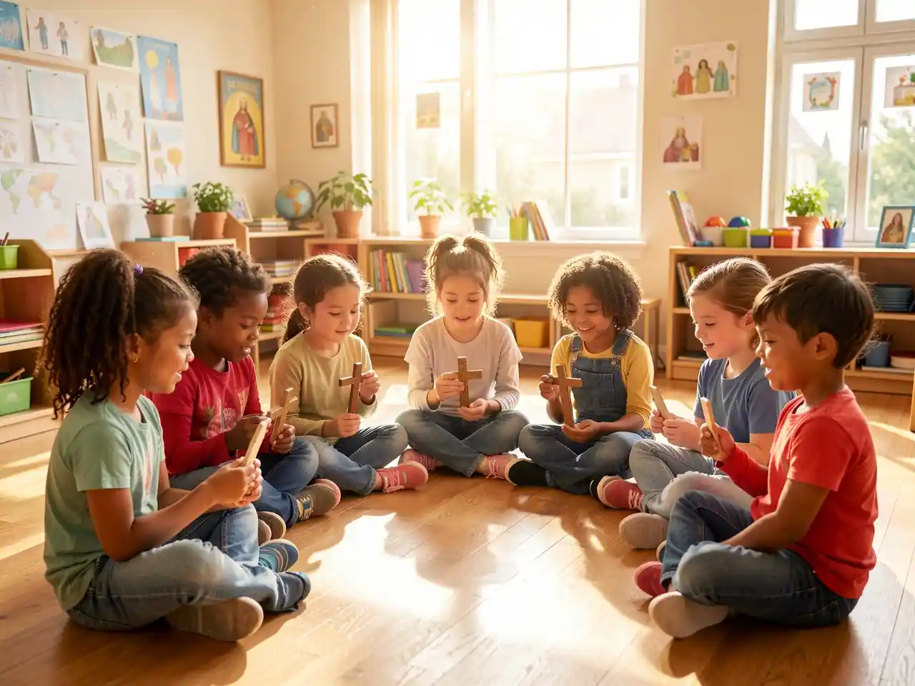 Diverse group of children in a circle holding symbols of different world religions