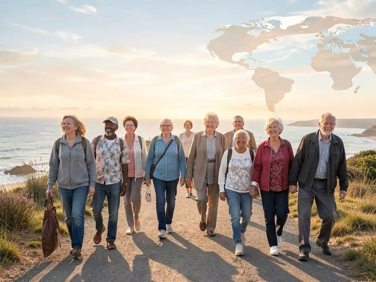 Diverse group of older adults walking together toward a horizon, representing global aging dignity