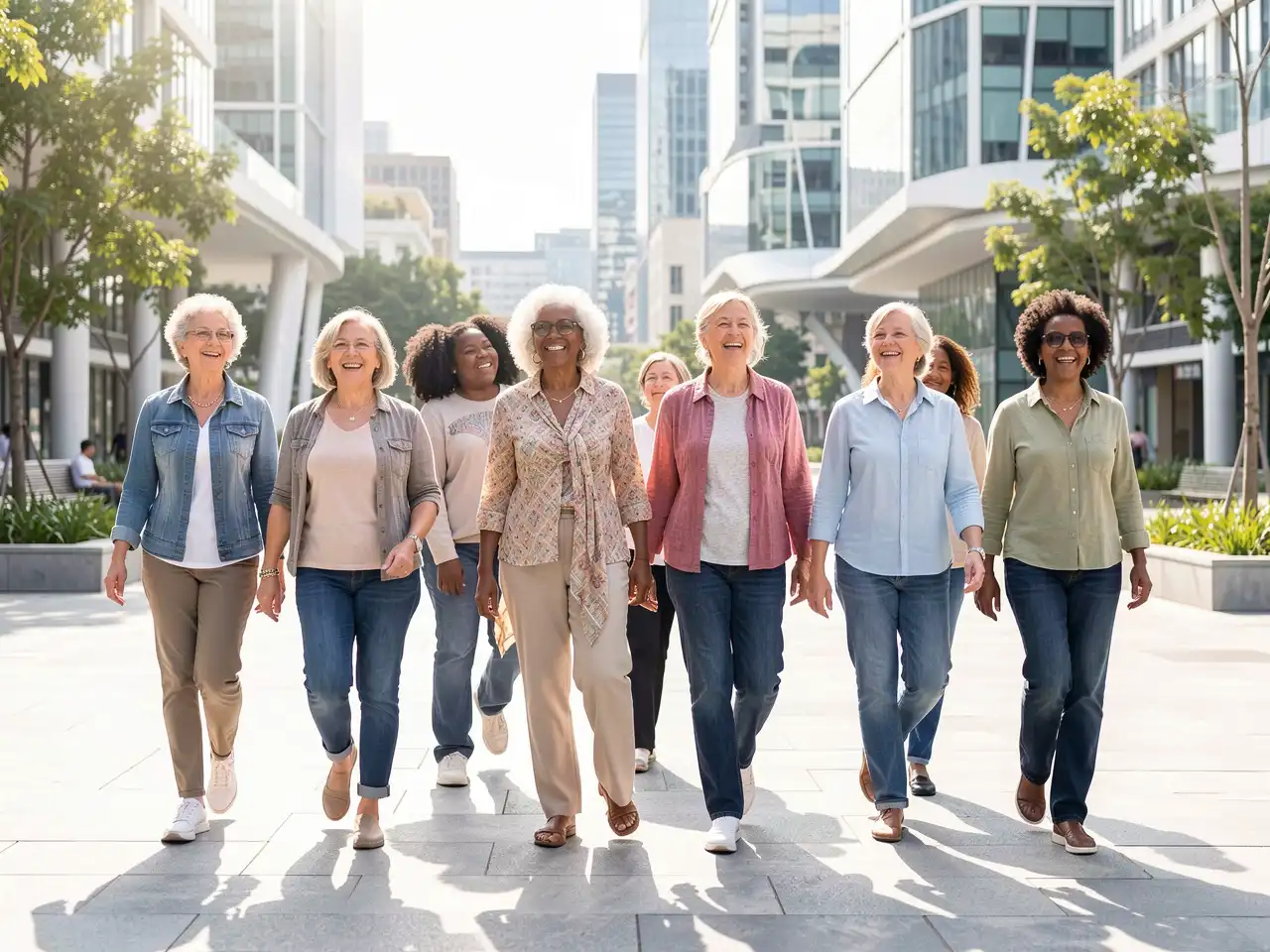 Diverse group of older women walking confidently together in a sunlit modern city, representing the global future of over 1.1 billion women