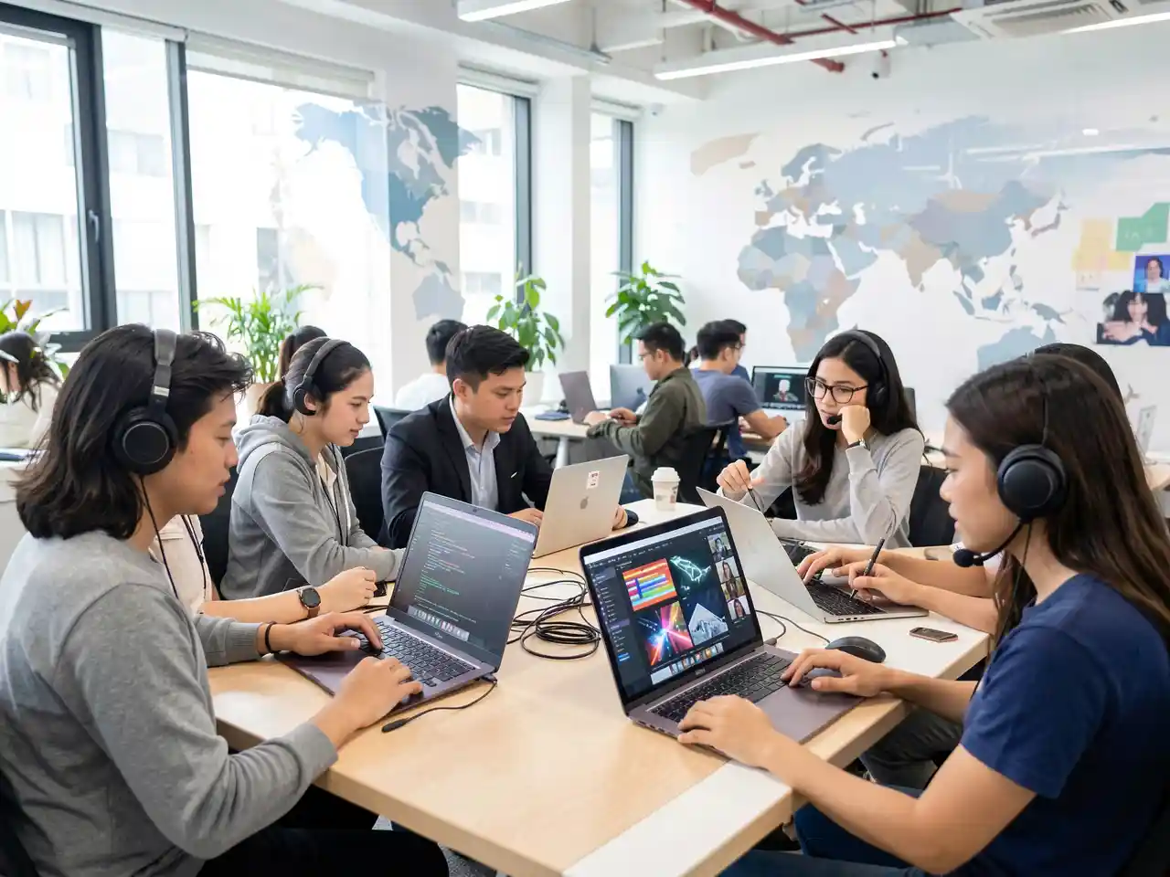 Diverse young Filipinos working in a modern co-working space on headsets and laptops