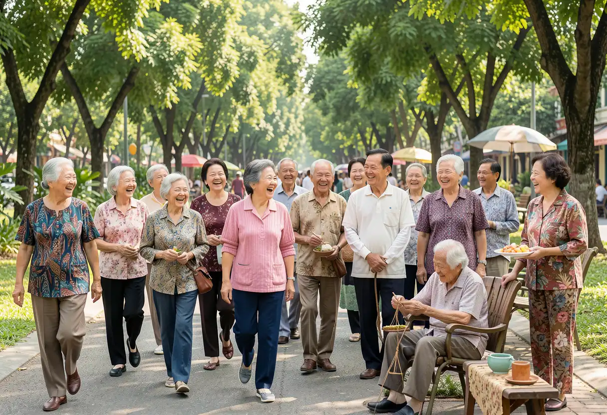 Elderly Asian adults enjoying life together emphasizing longevity and healthy aging