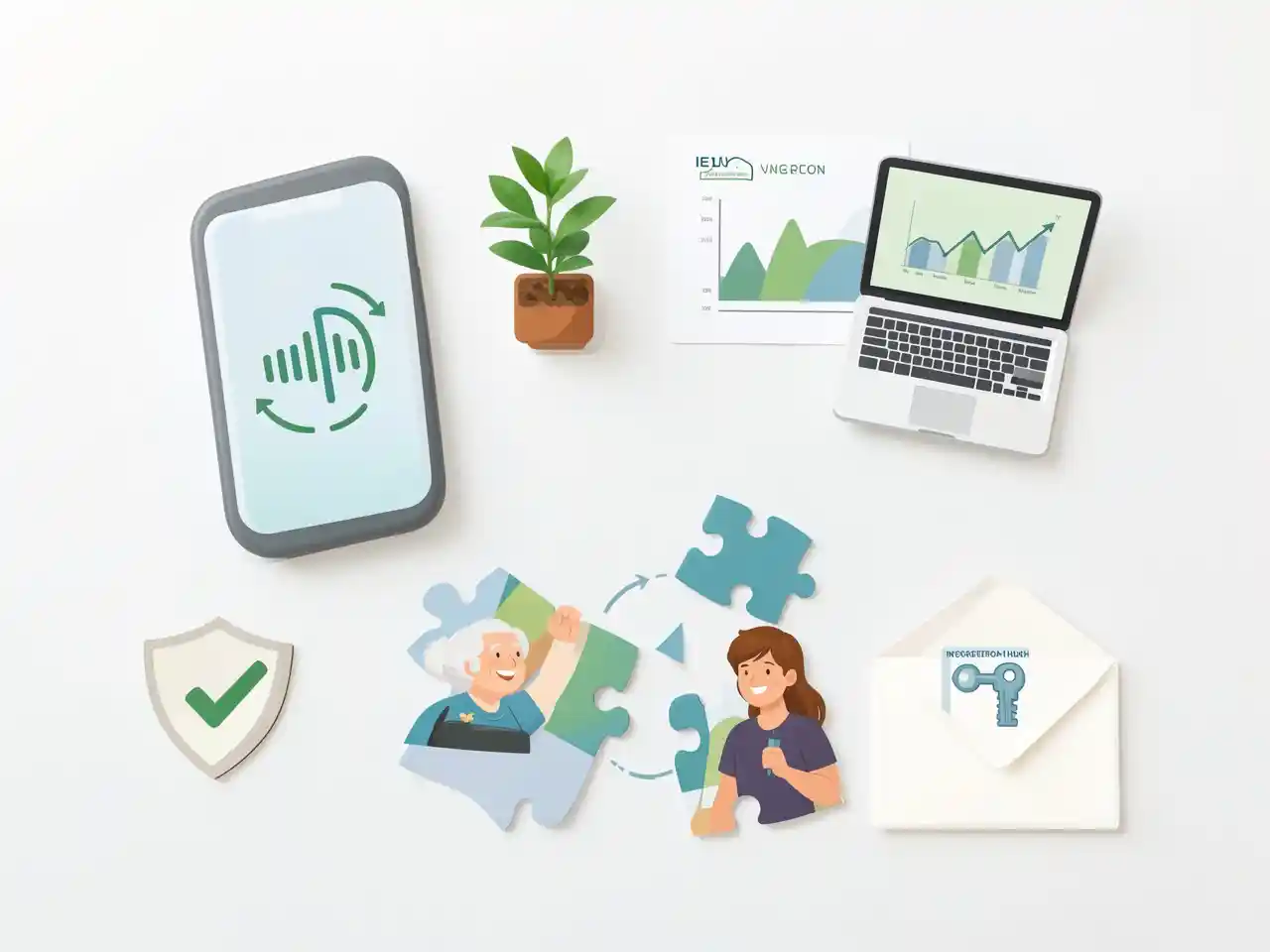 Flat-lay composition of symbolic items including a large-button phone, seedling, shield, interlocking puzzle piece, and digital envelope, representing the P1.2 trillion silver economy opportunities in aging populations