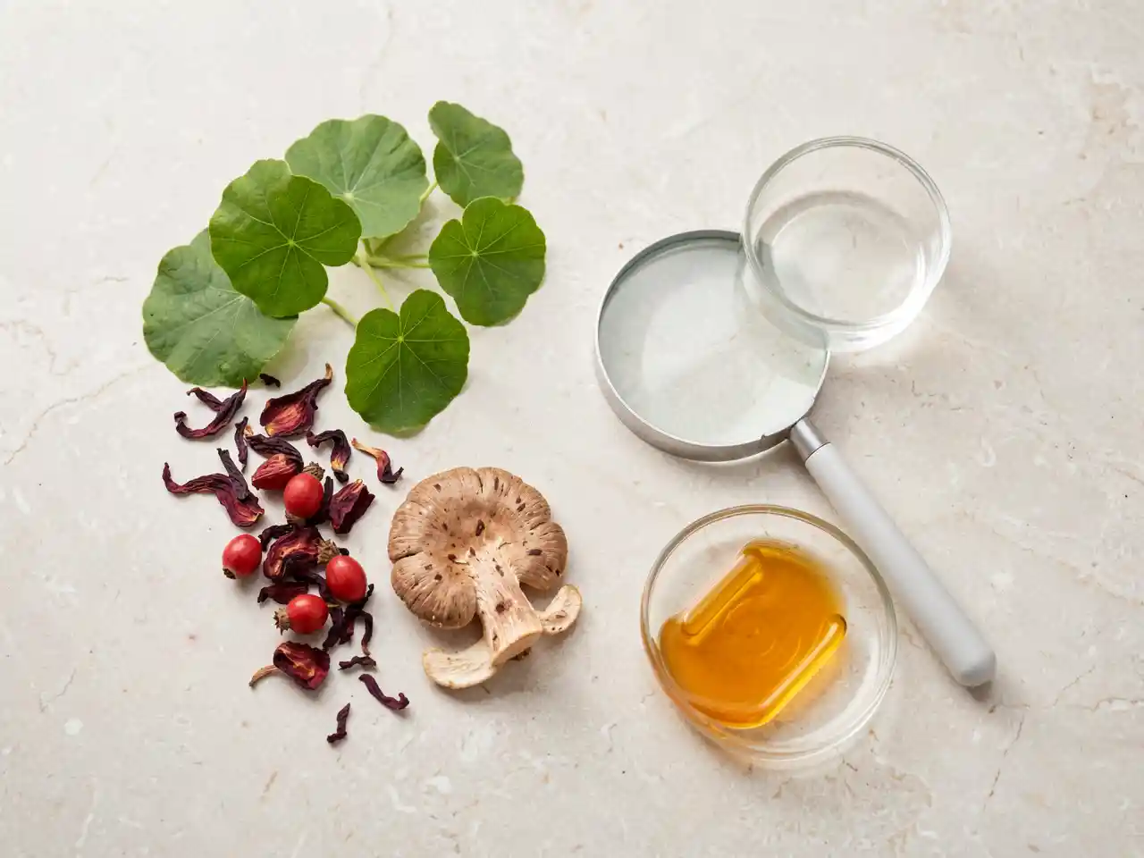 Flat-lay of natural botanical ingredients including Gotu Kola leaves, hibiscus petals, rosehips, and Tremella mushroom with a magnifying glass, representing science-backed botanical skincare for aging skin