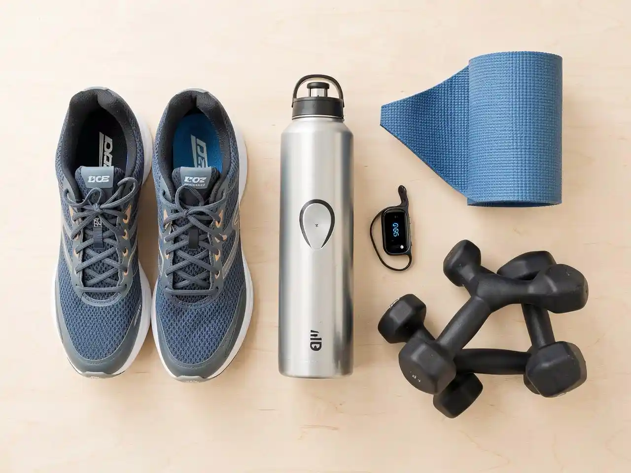 Flatlay of active lifestyle gear including shoes, water bottle, fitness tracker, and dumbbells