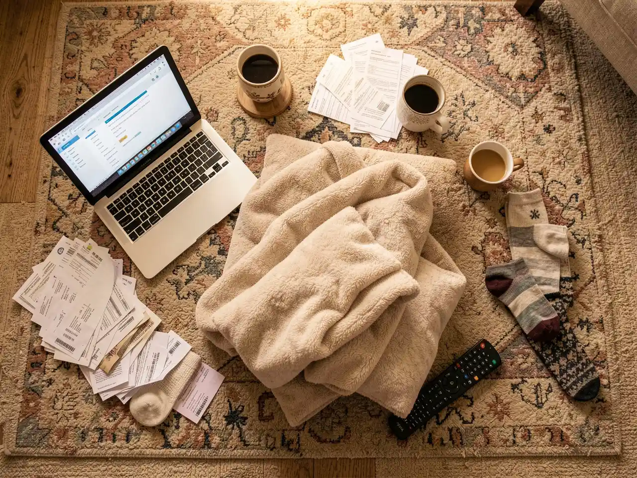 Flatlay of adulting chaos with laptop, bills, coffee, and a soft blanket and pillow for a nap