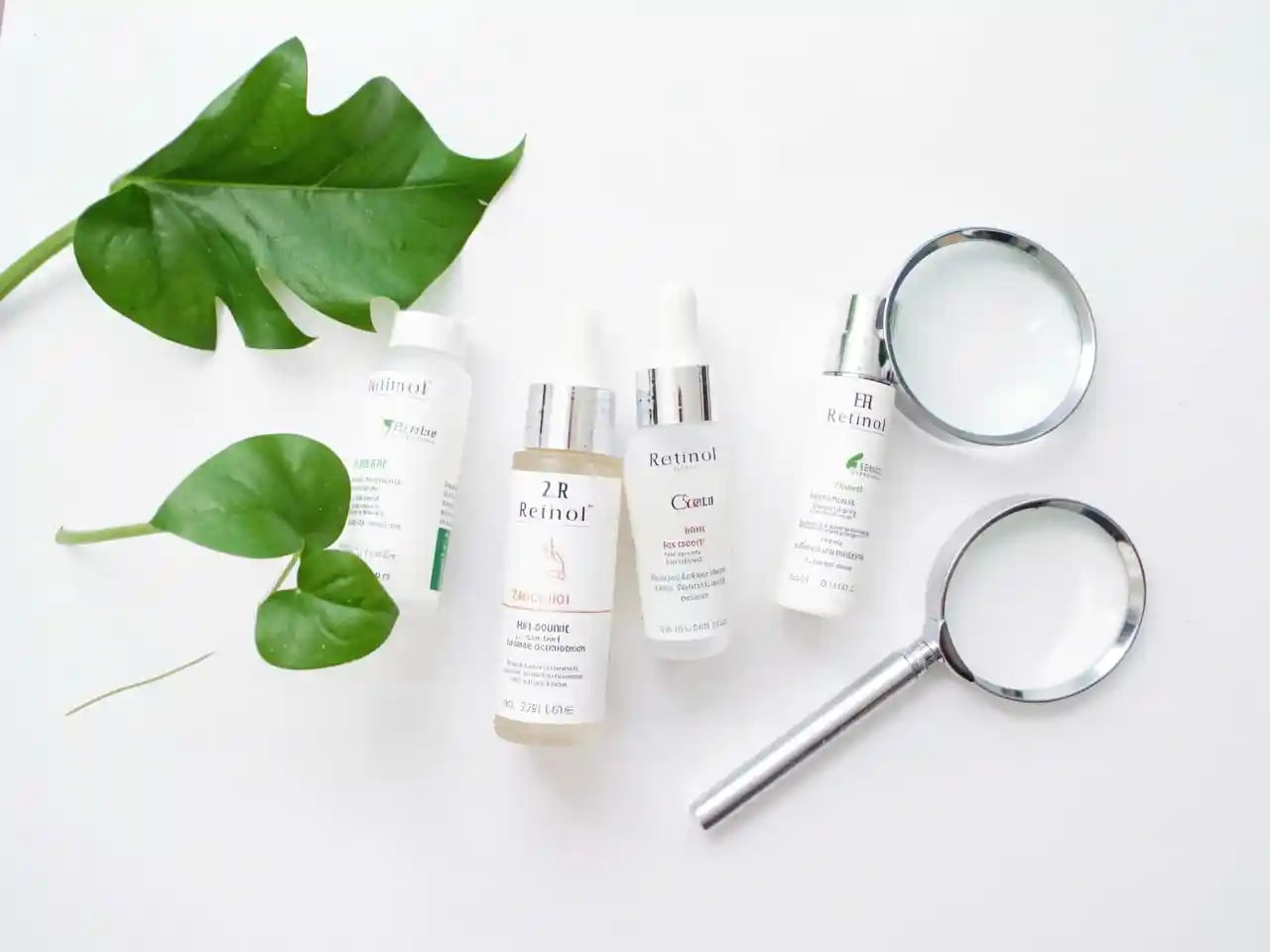 Flatlay of retinol skincare products with a magnifying glass and green leaf
