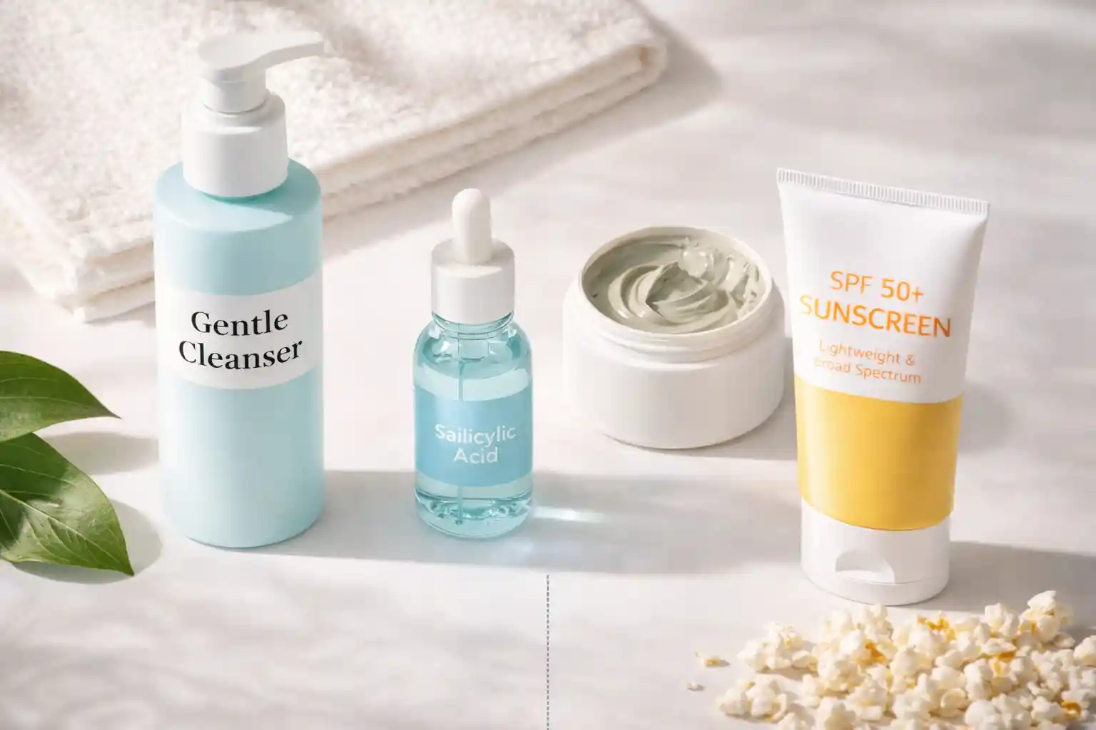 Flatlay of skincare essentials including cleanser, serum, clay mask, and sunscreen