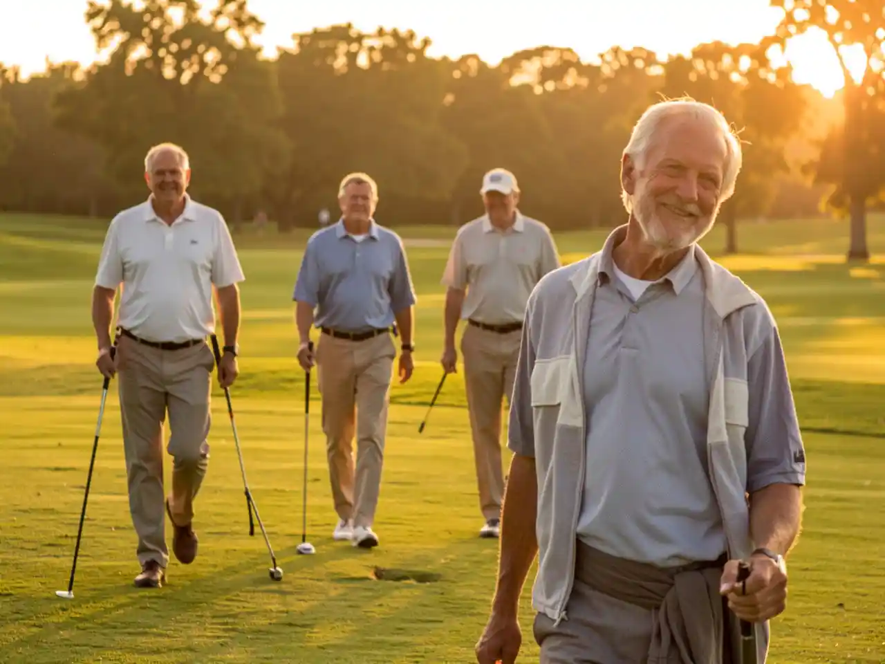 Four older men walking on a sunlit golf course, one smiling quietly to himself