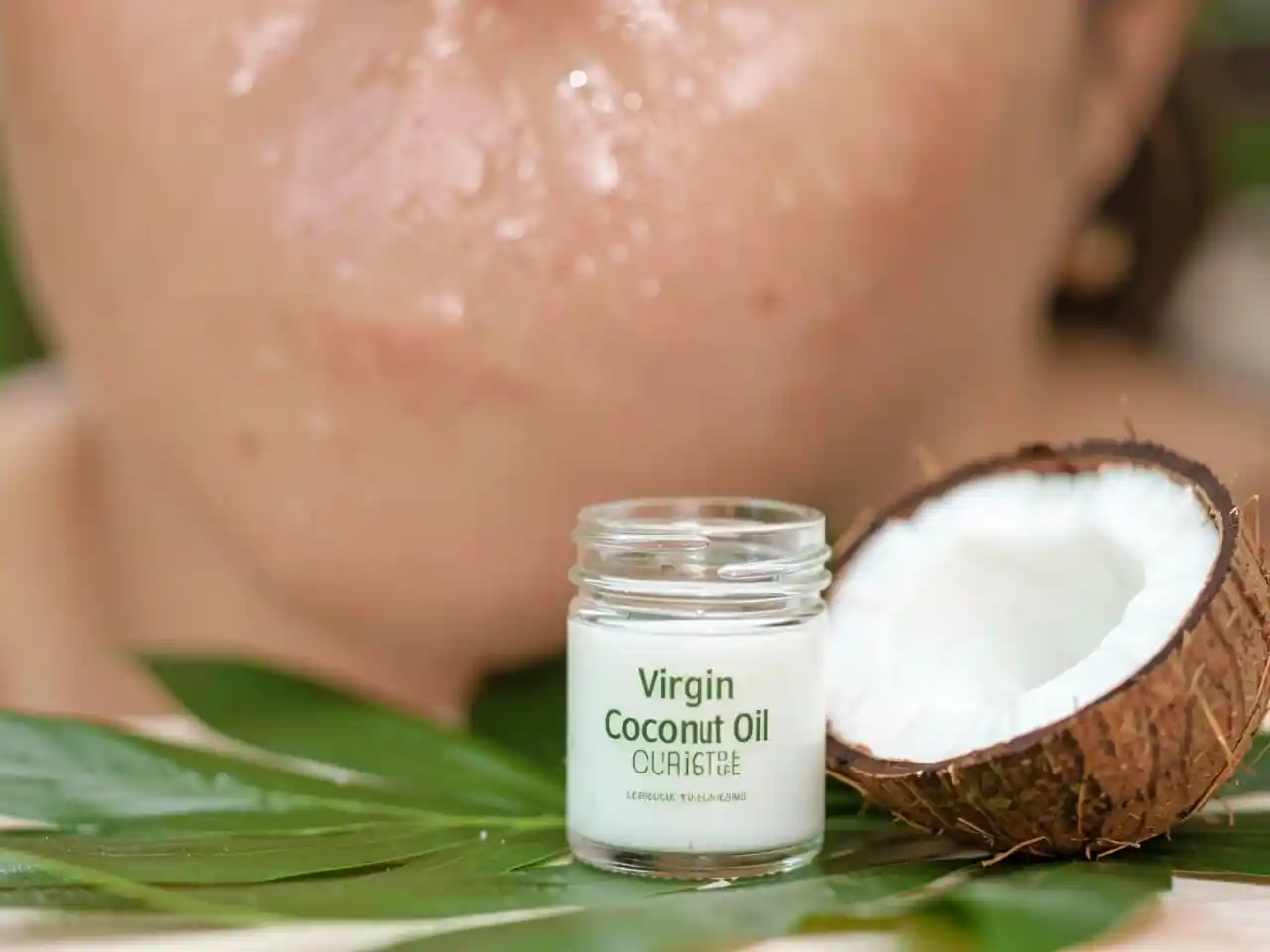 Glass jar of virgin coconut oil with green leaf, woman's glowing skin in background