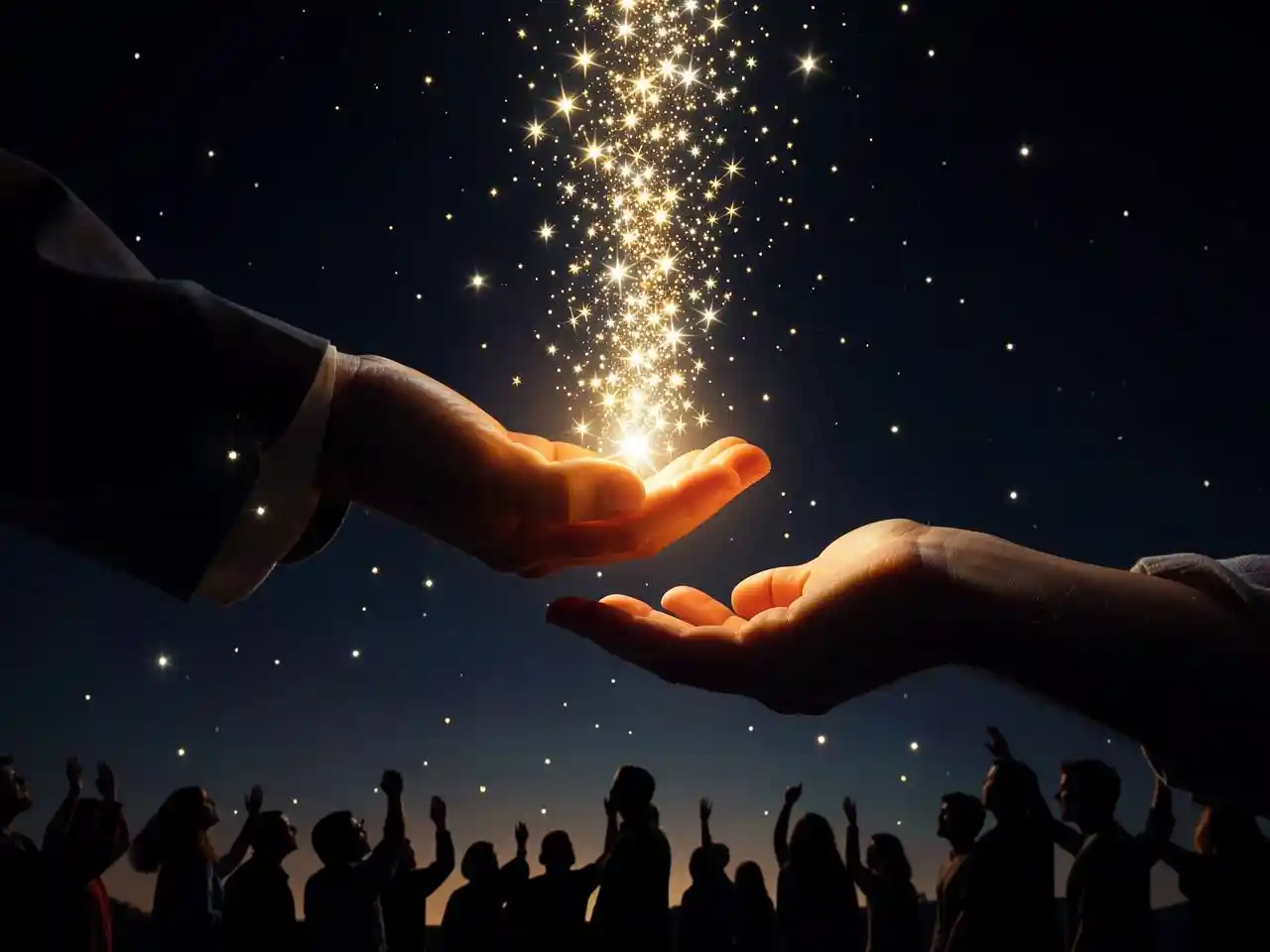 Hands releasing glowing wishes into a starry sky, symbolizing reclaimed agency and the power of shared dreams.