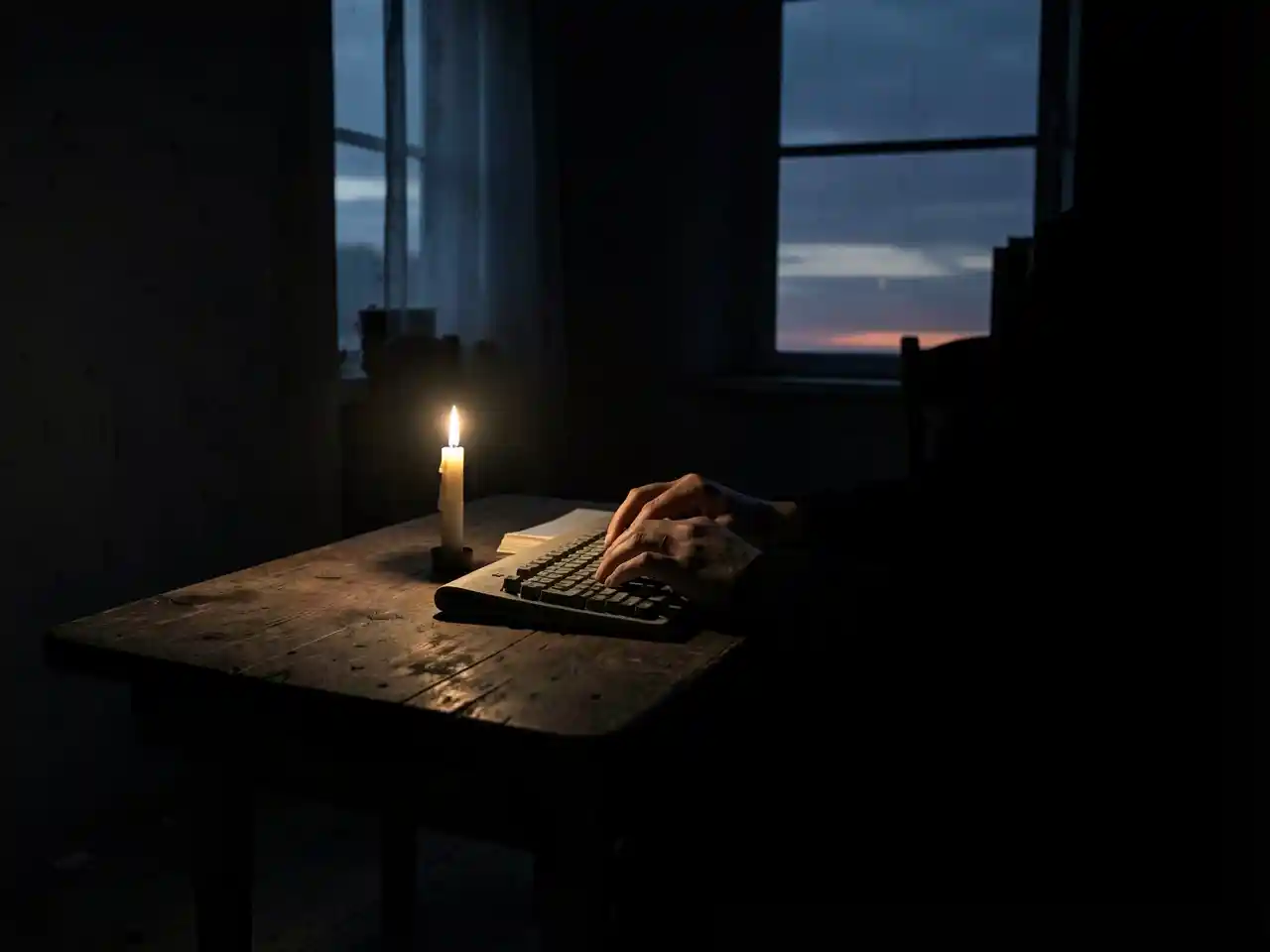Hands writing in journal illuminated by single candle in dark room, faint dawn visible