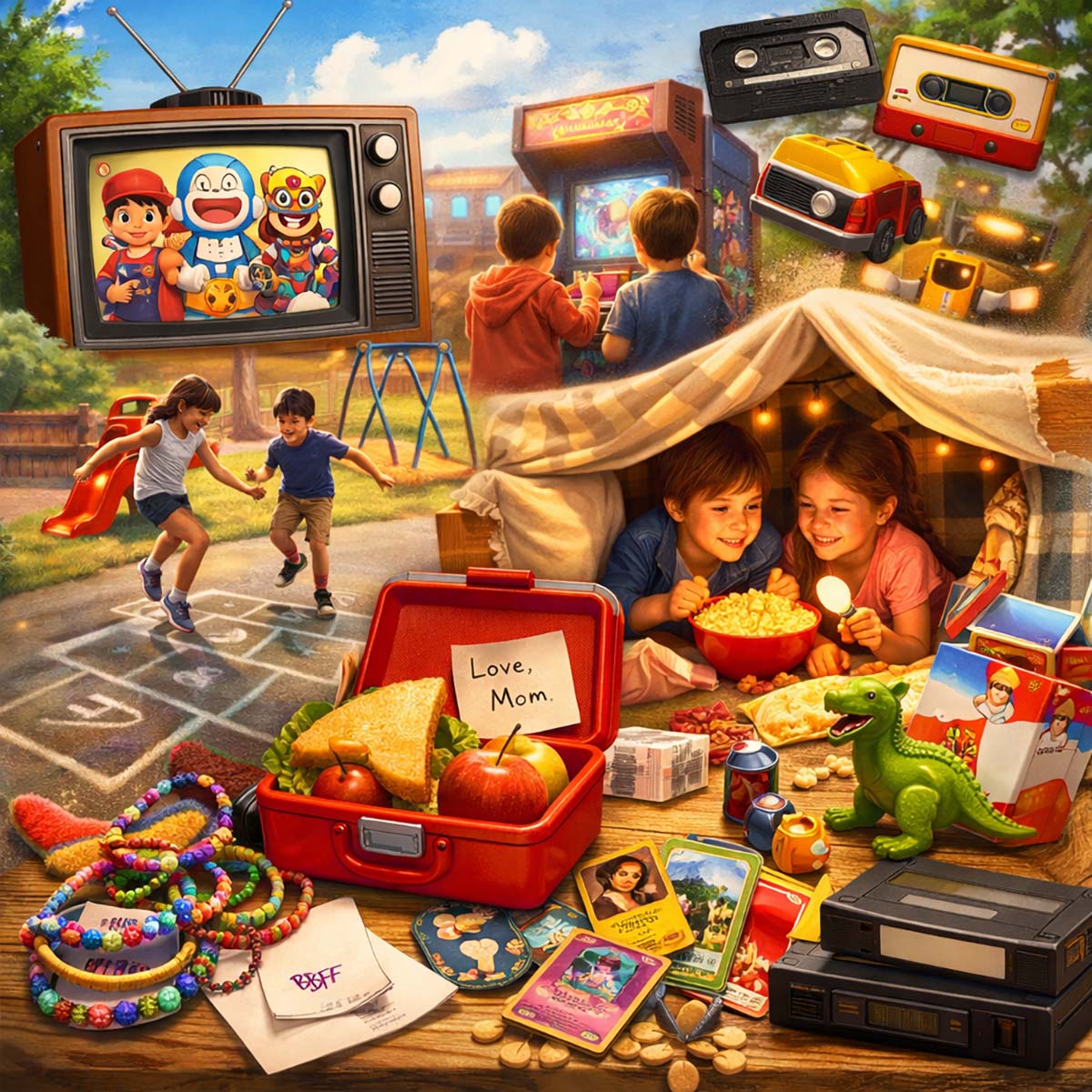 Happy childhood memories montage with cartoons, toys, and playground scenes