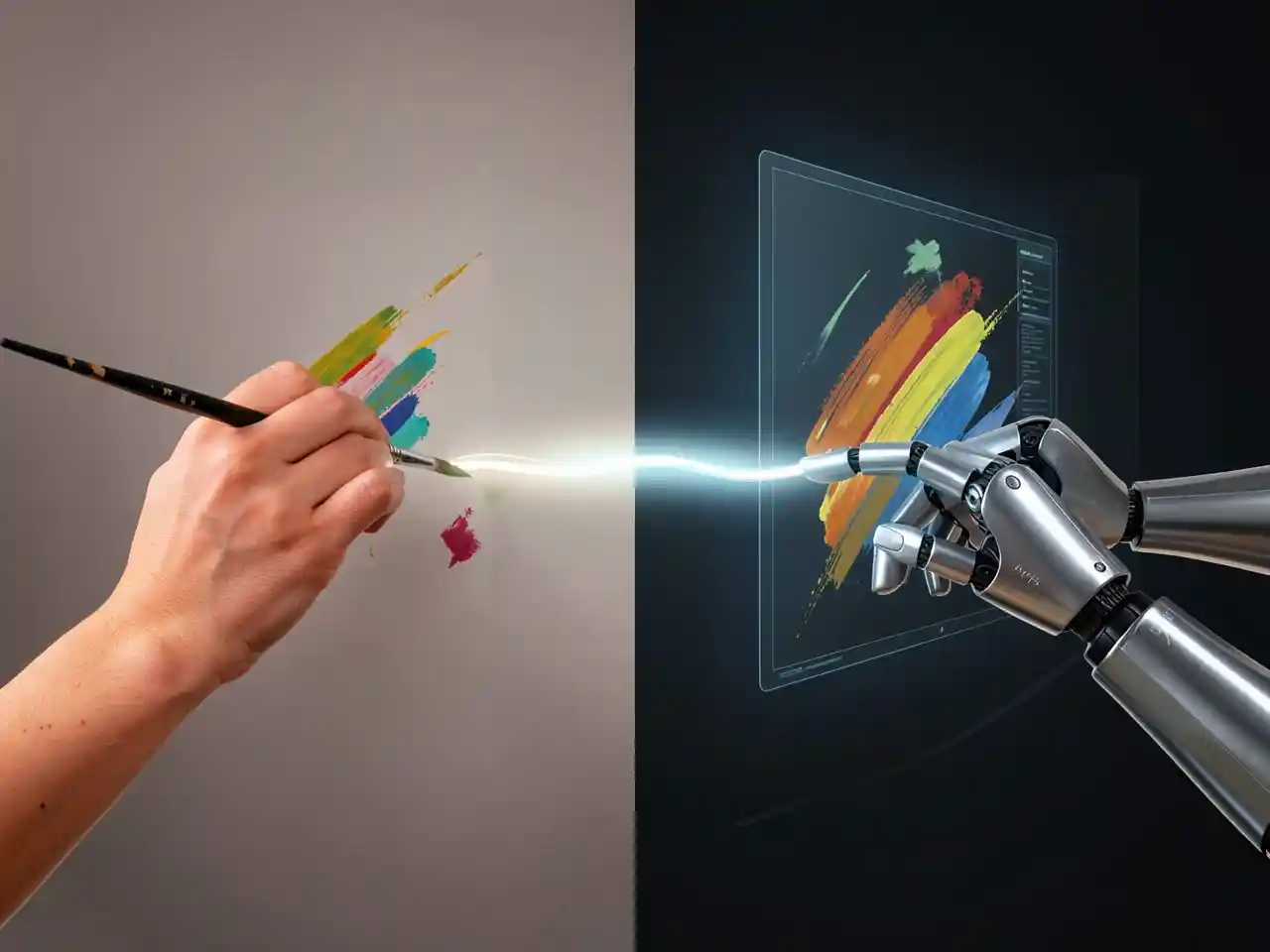 Human hand painting and robotic hand on digital screen, connected by a glowing line