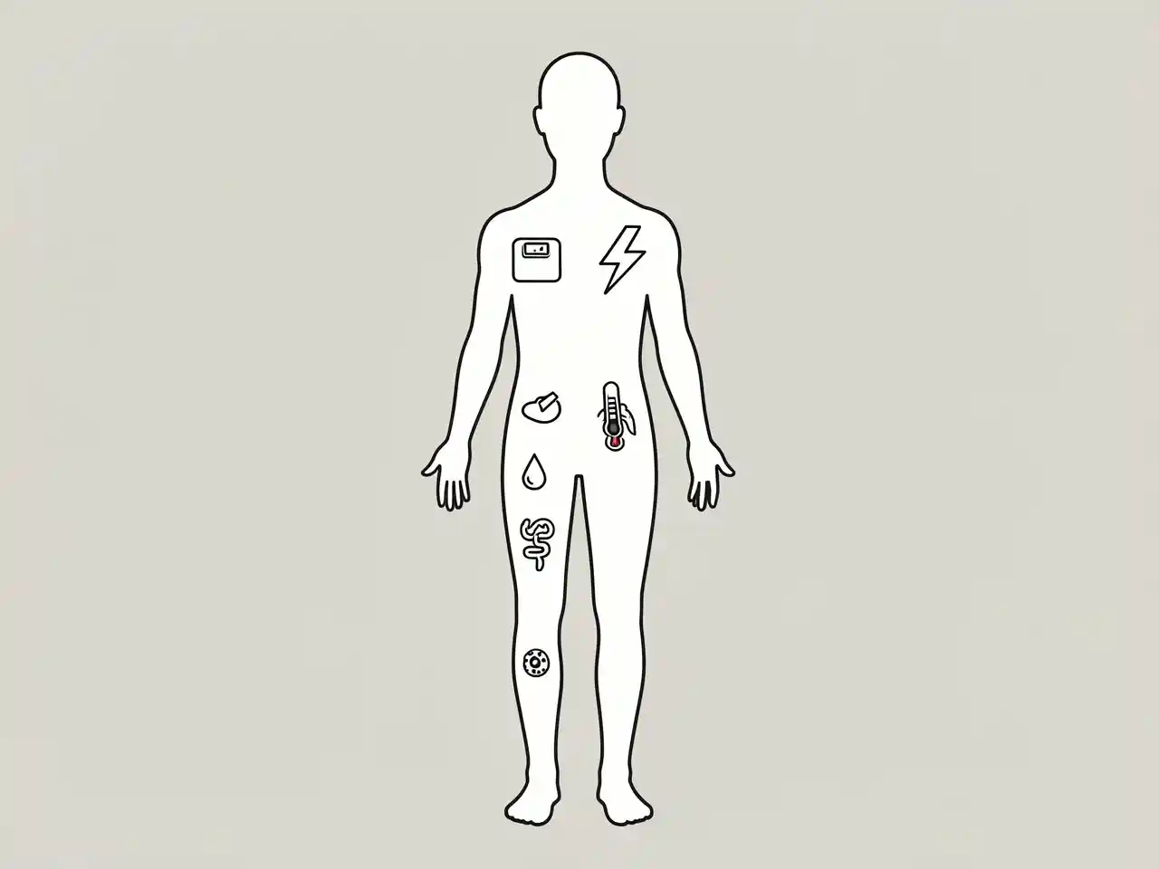 Human silhouette outline with icons for weight loss, fatigue, bleeding, lumps, and other subtle cancer symptoms