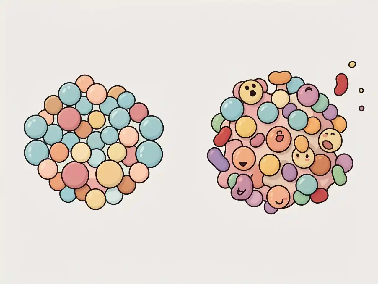 Illustration comparing organized healthy cells to disorganized, growing cancer cells with metastasis