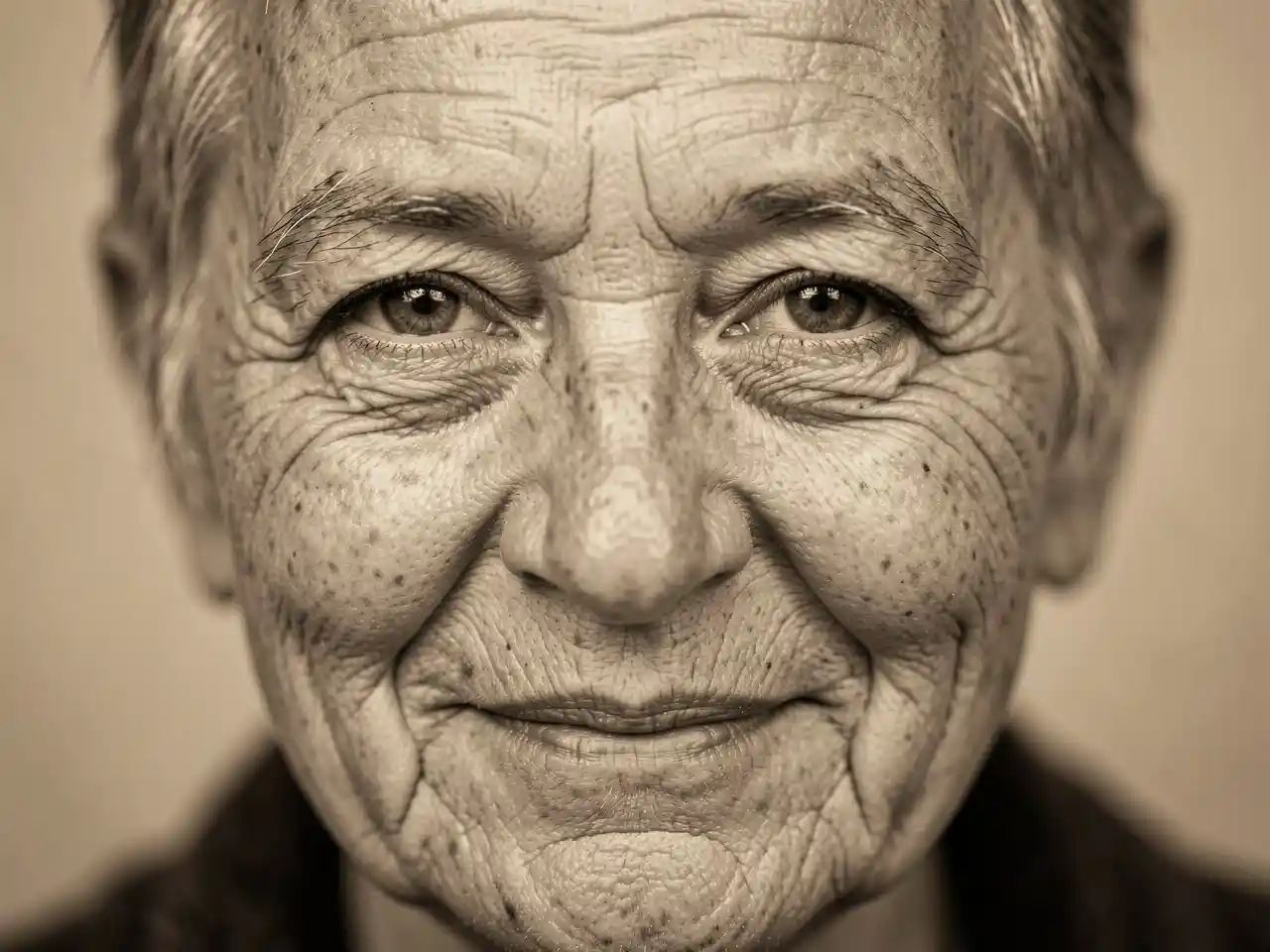 Intimate black and white portrait of an older person's face, focusing on expressive eyes and natural wrinkles, conveying wisdom, dignity, and the strength of aging