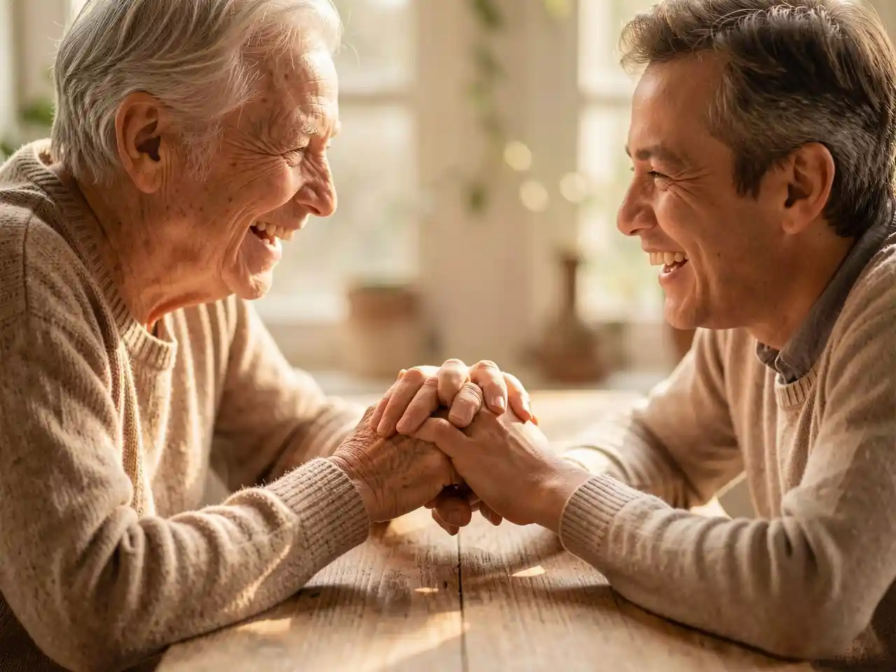 Intimate, warm photograph of two people of different generations sharing a genuine, undistracted moment of connection and laughter, symbolizing the return to real, unfiltered human presence