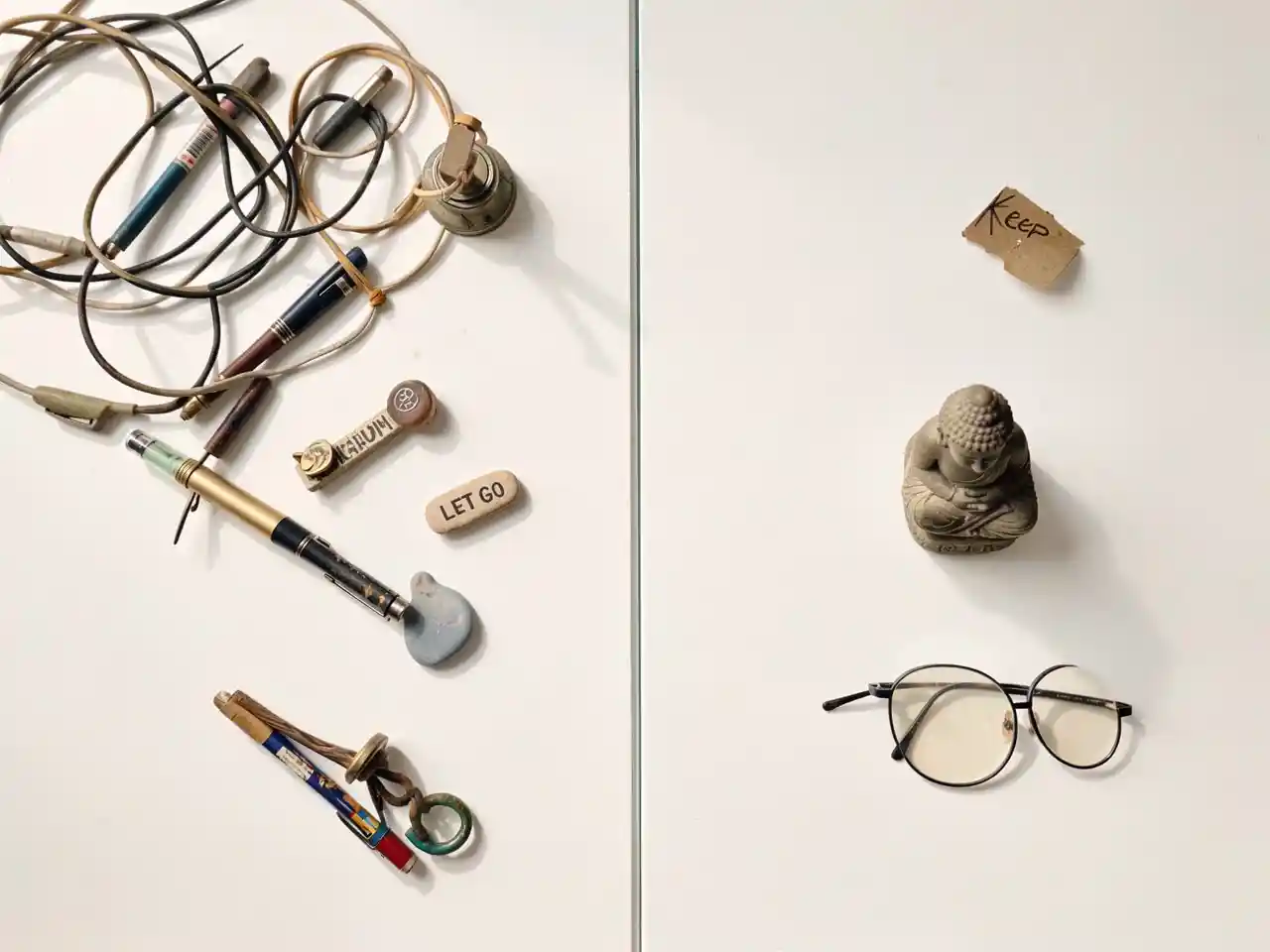 Minimalist flat-lay photograph illustrating the Zen art of decluttering, with a Buddha statue and divided items representing what to keep and what to let go