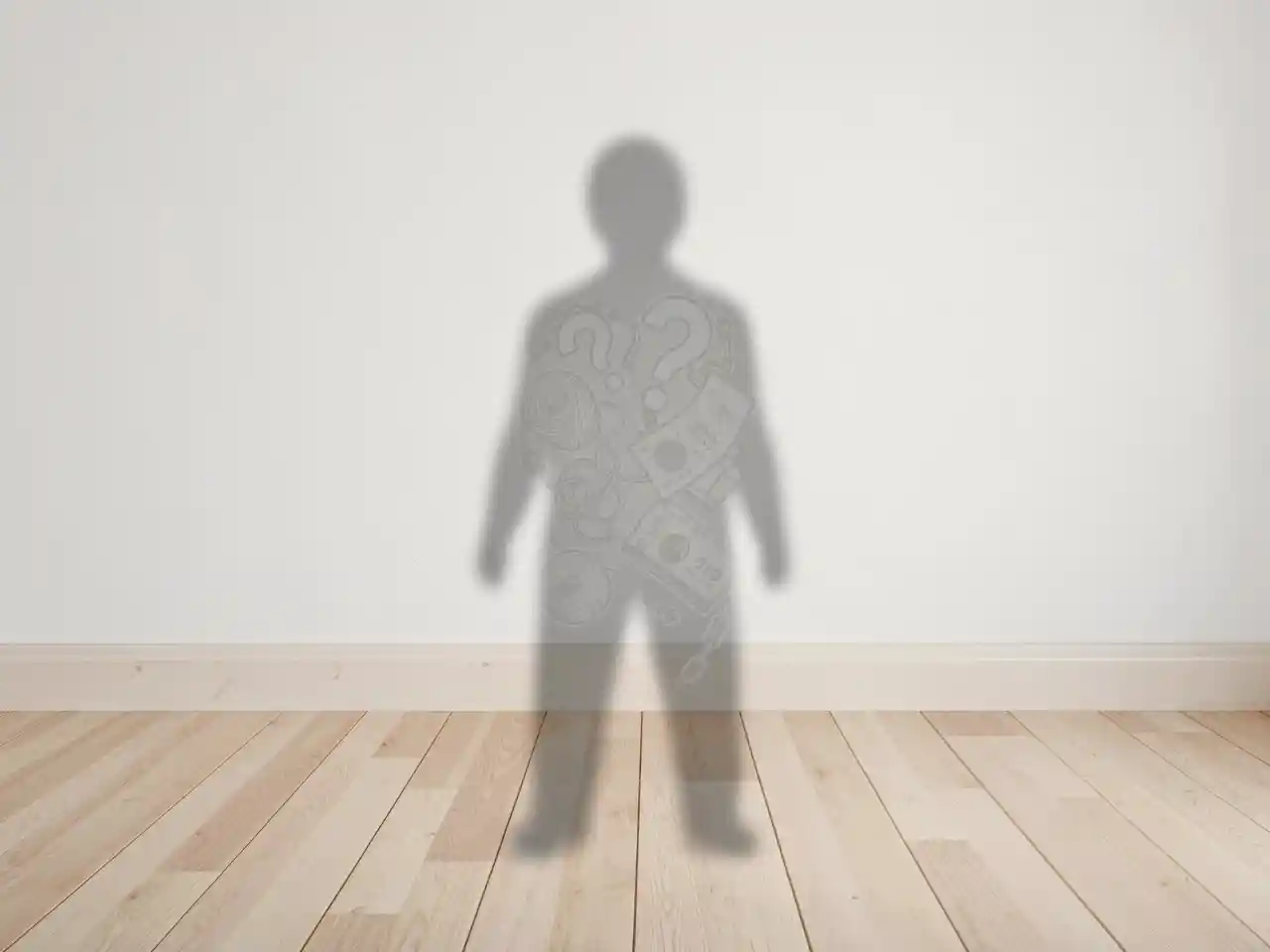 Minimalist image of a person's shadow on a wall filled with faint outlines of question marks, tangled threads, and chains, symbolizing invisible mental and emotional clutter