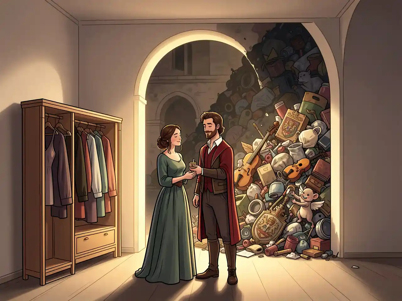 Modern Romeo and Juliet standing peacefully in a minimalist, sunlit room, with a massive, chaotic "Verona trash heap" of clutter visible outside the archway, humorously symbolizing the Shakespearean guide to decluttering and reuniting with what truly matters