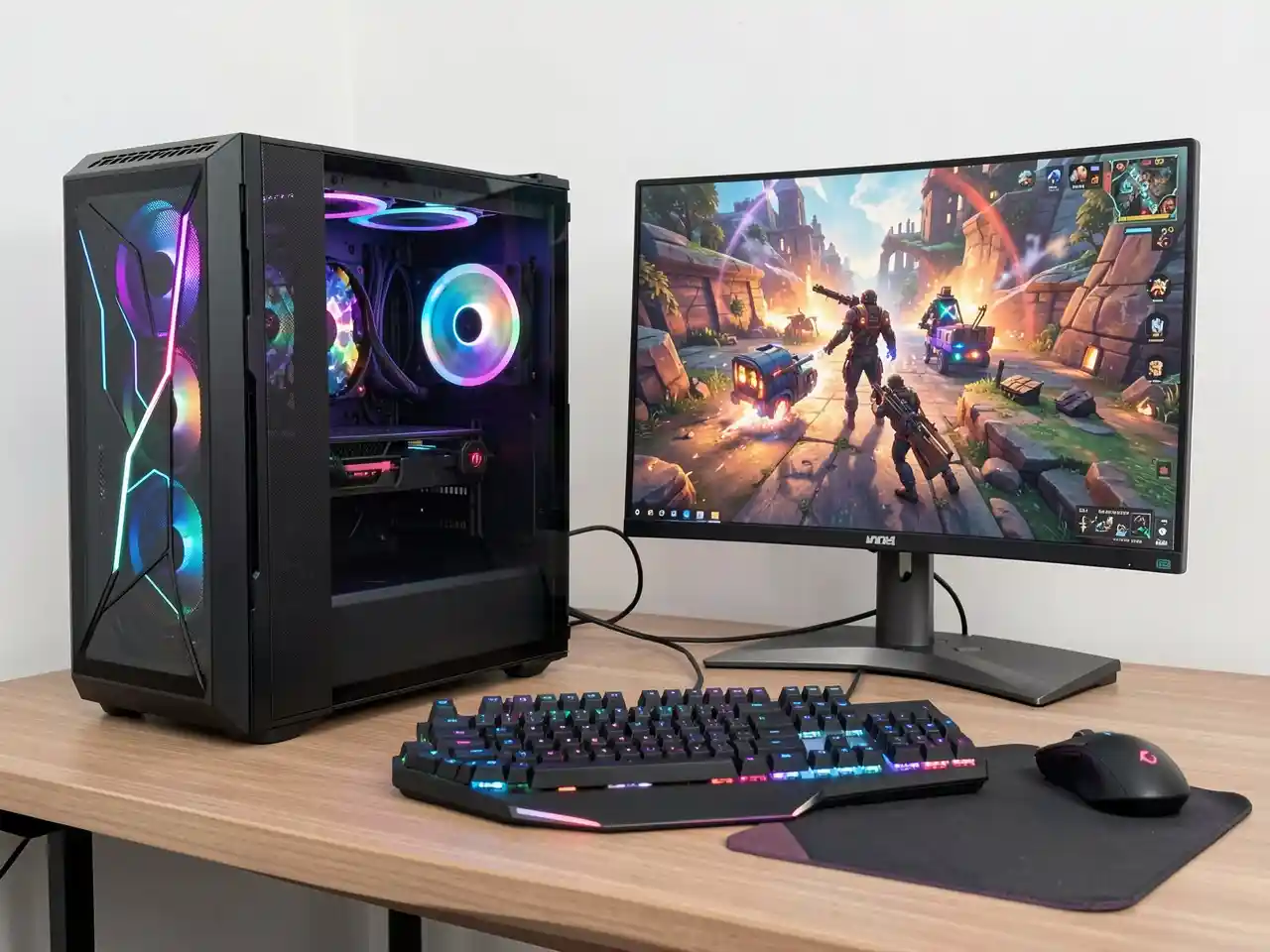 Modern gaming PC setup with colorful monitor display, keyboard, and mouse